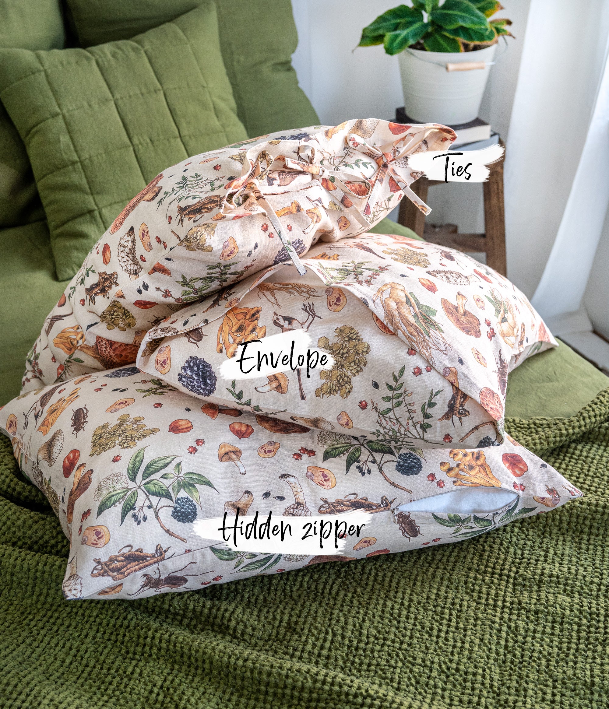 Linen Pillowcase in Mushroom pattern