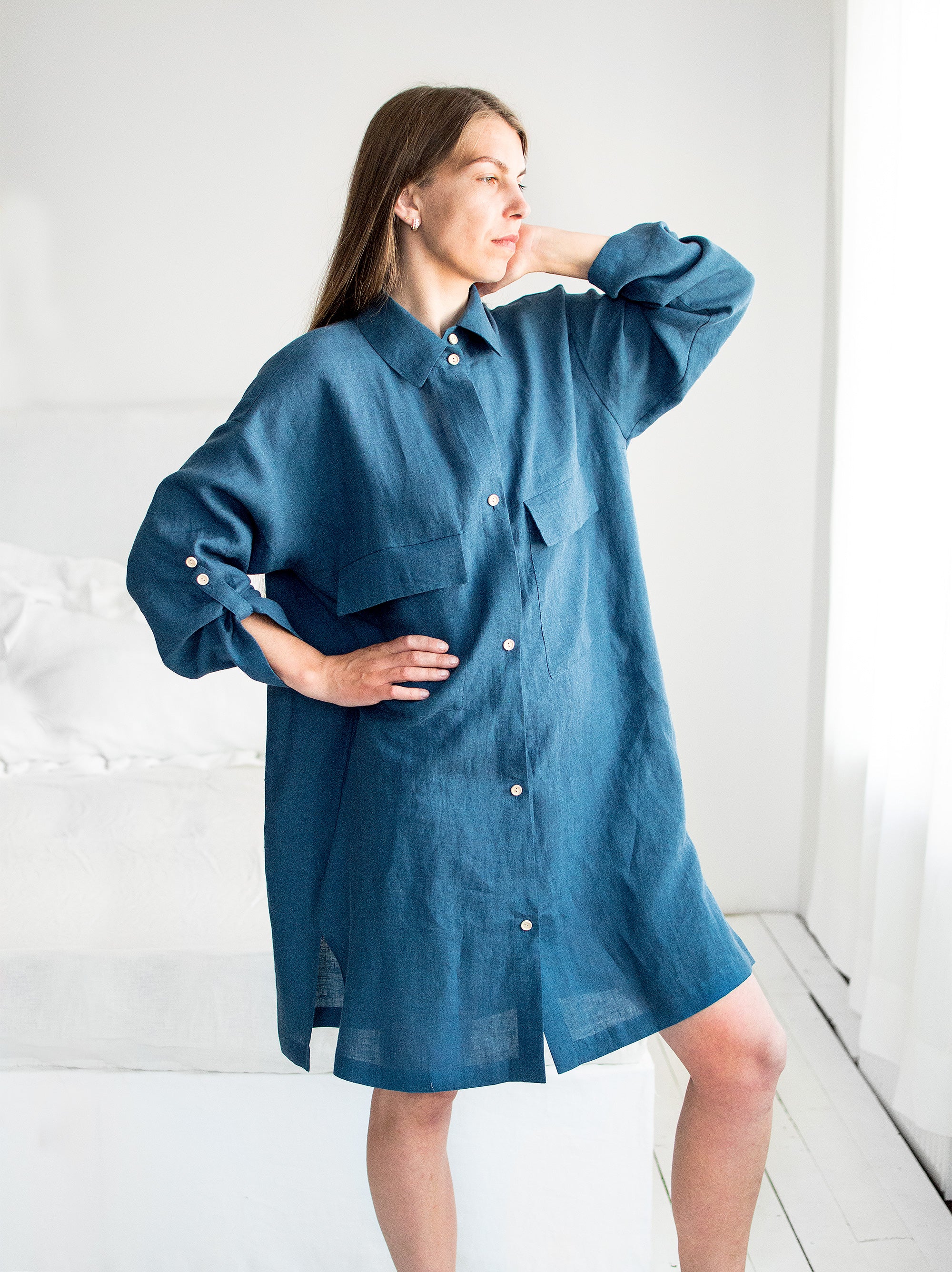 One Size Linen Shirt Dress LUNA in Lake Blue