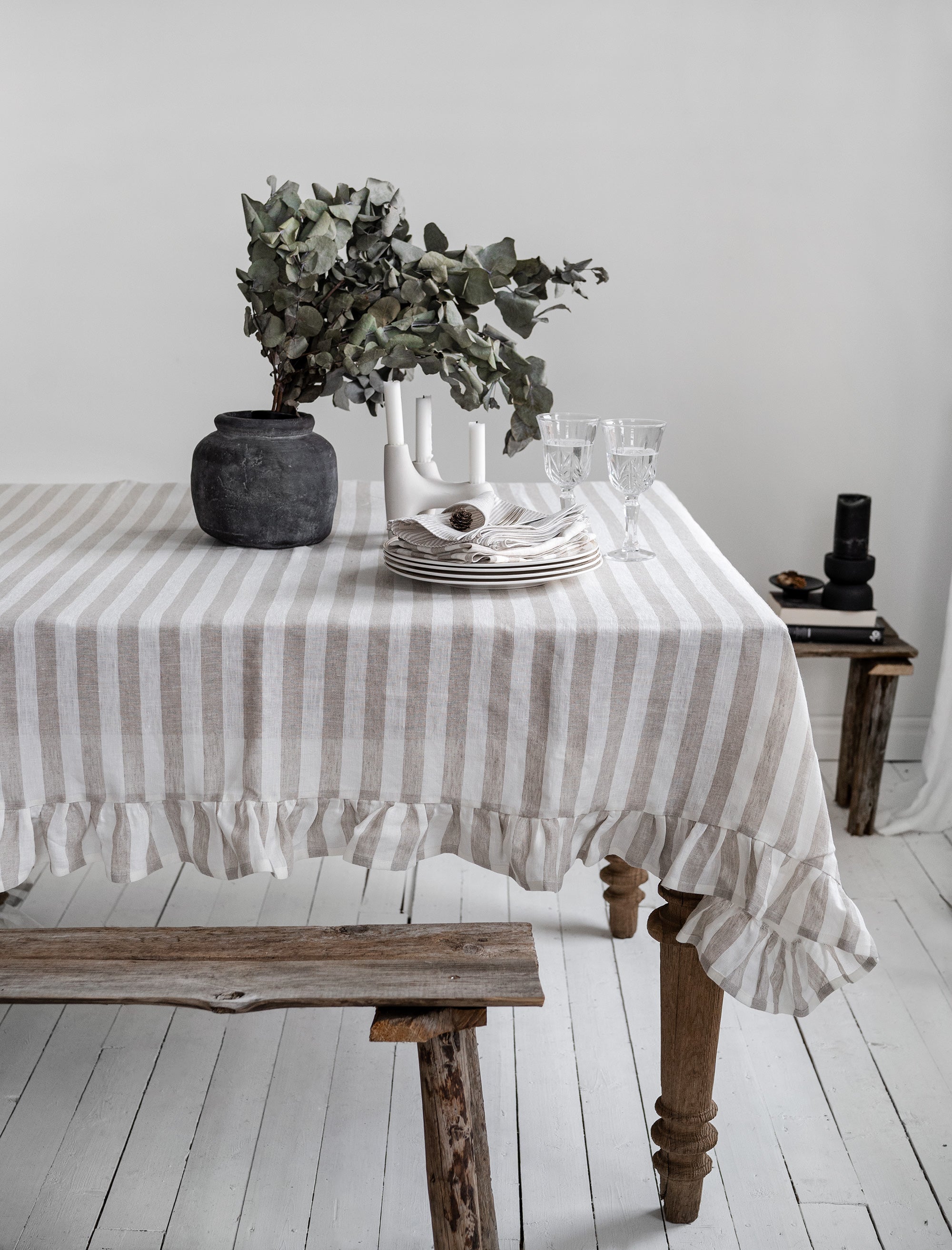 Ruffled Linen Tablecloth in Natural Stripes