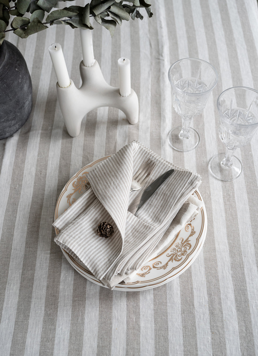 Ruffled Linen Tablecloth in Natural Stripes