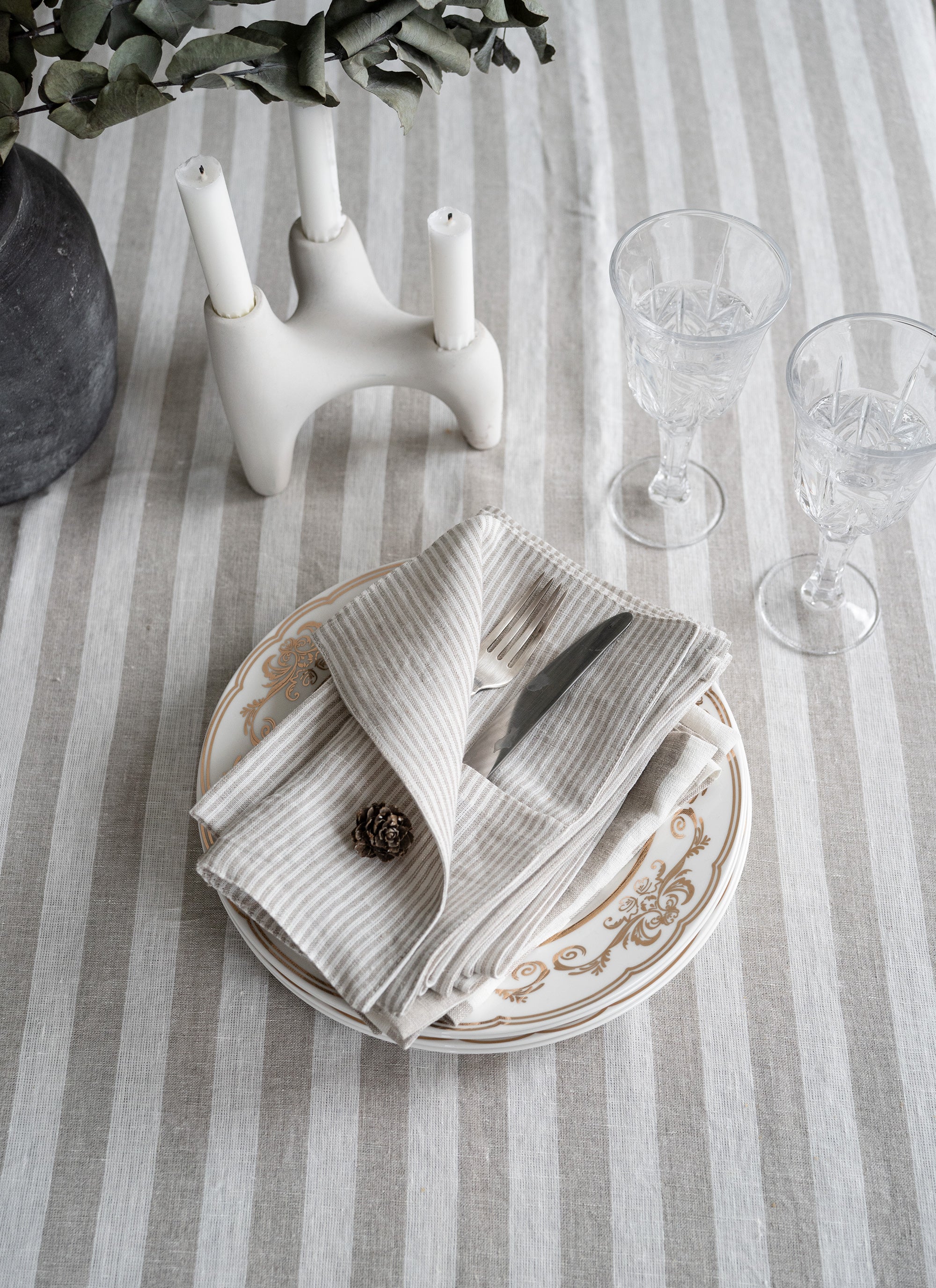 Ruffled Linen Tablecloth in Natural Stripes
