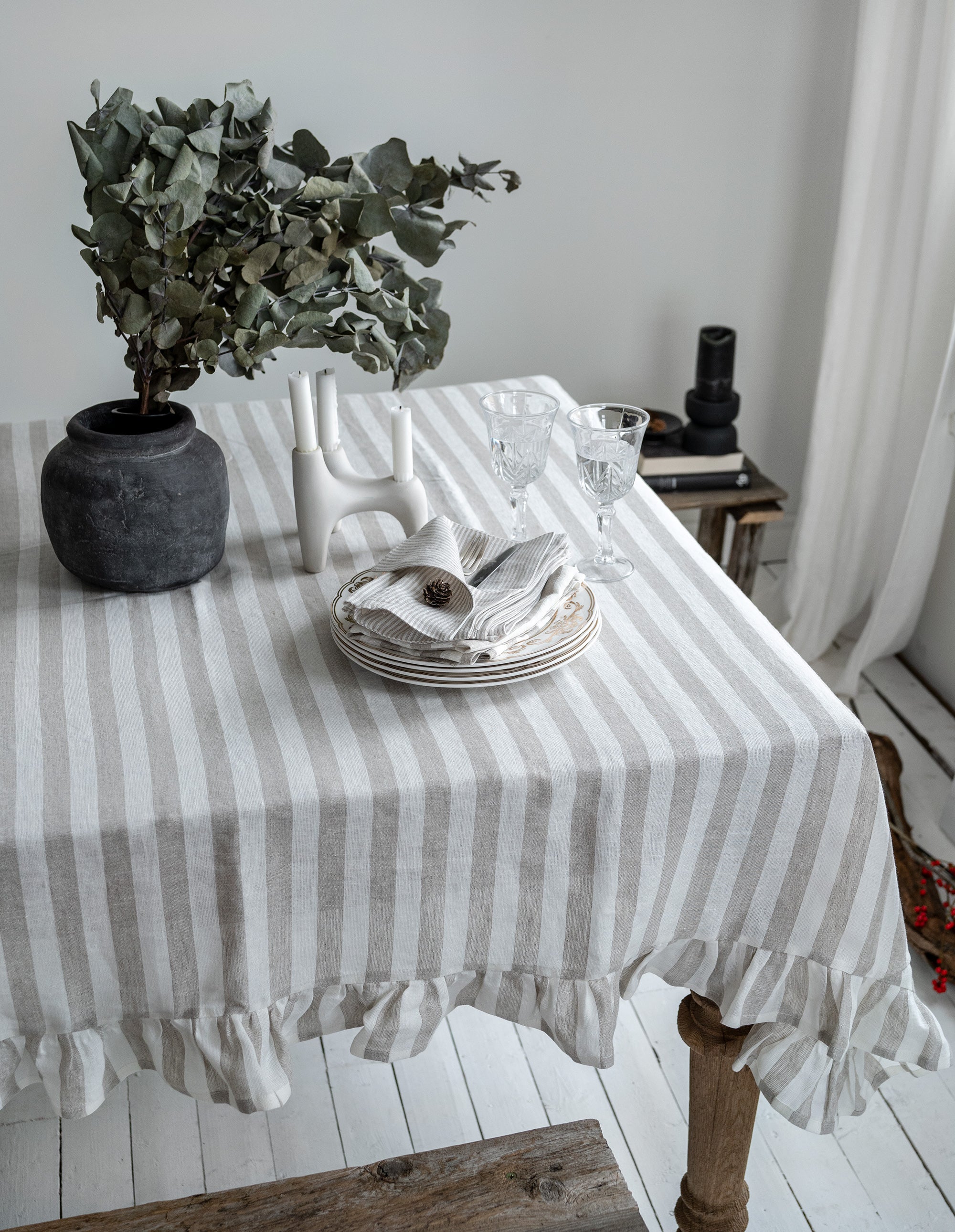 Ruffled Linen Tablecloth in Natural Stripes
