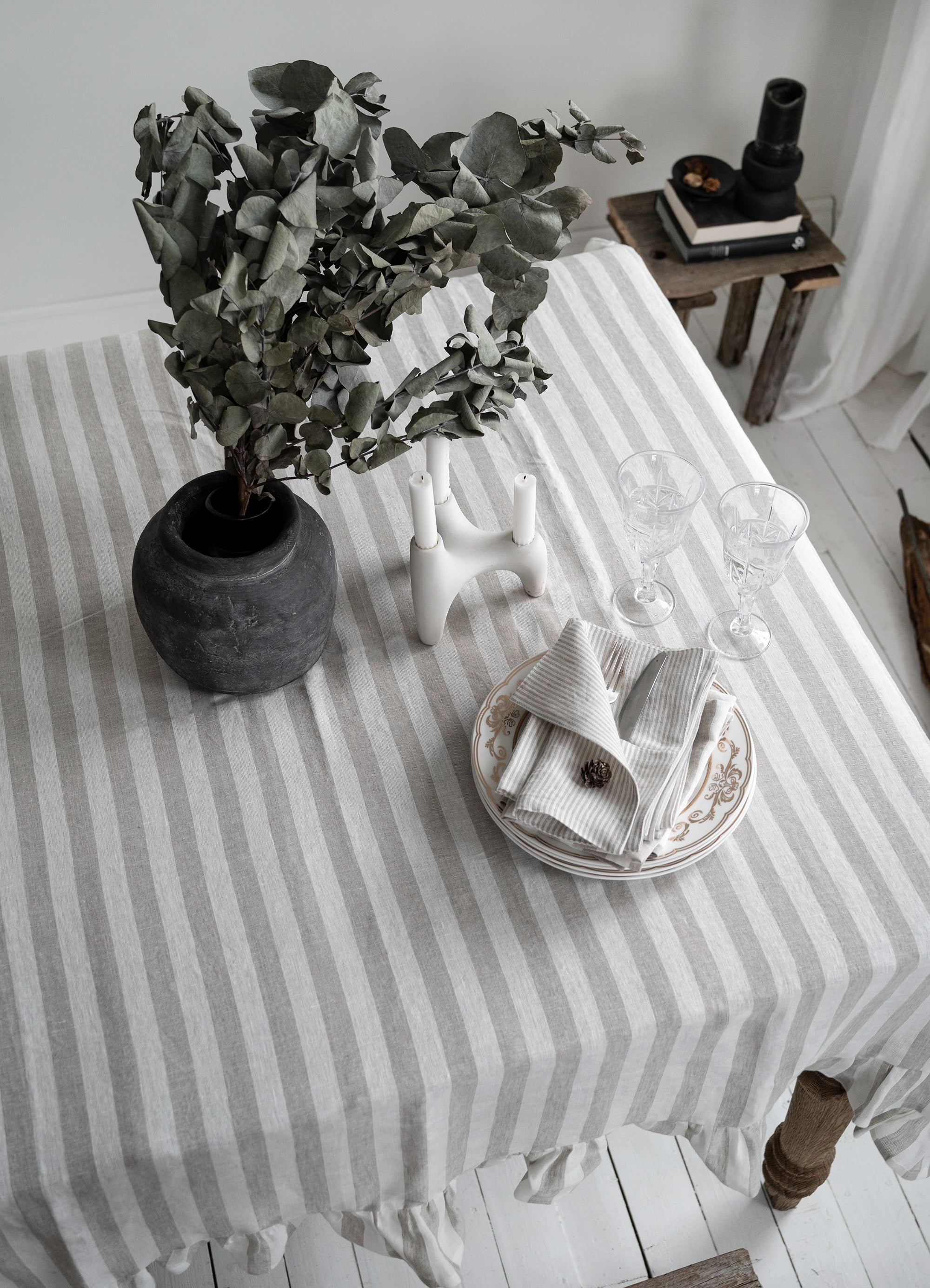 Ruffled Linen Tablecloth in Natural Stripes