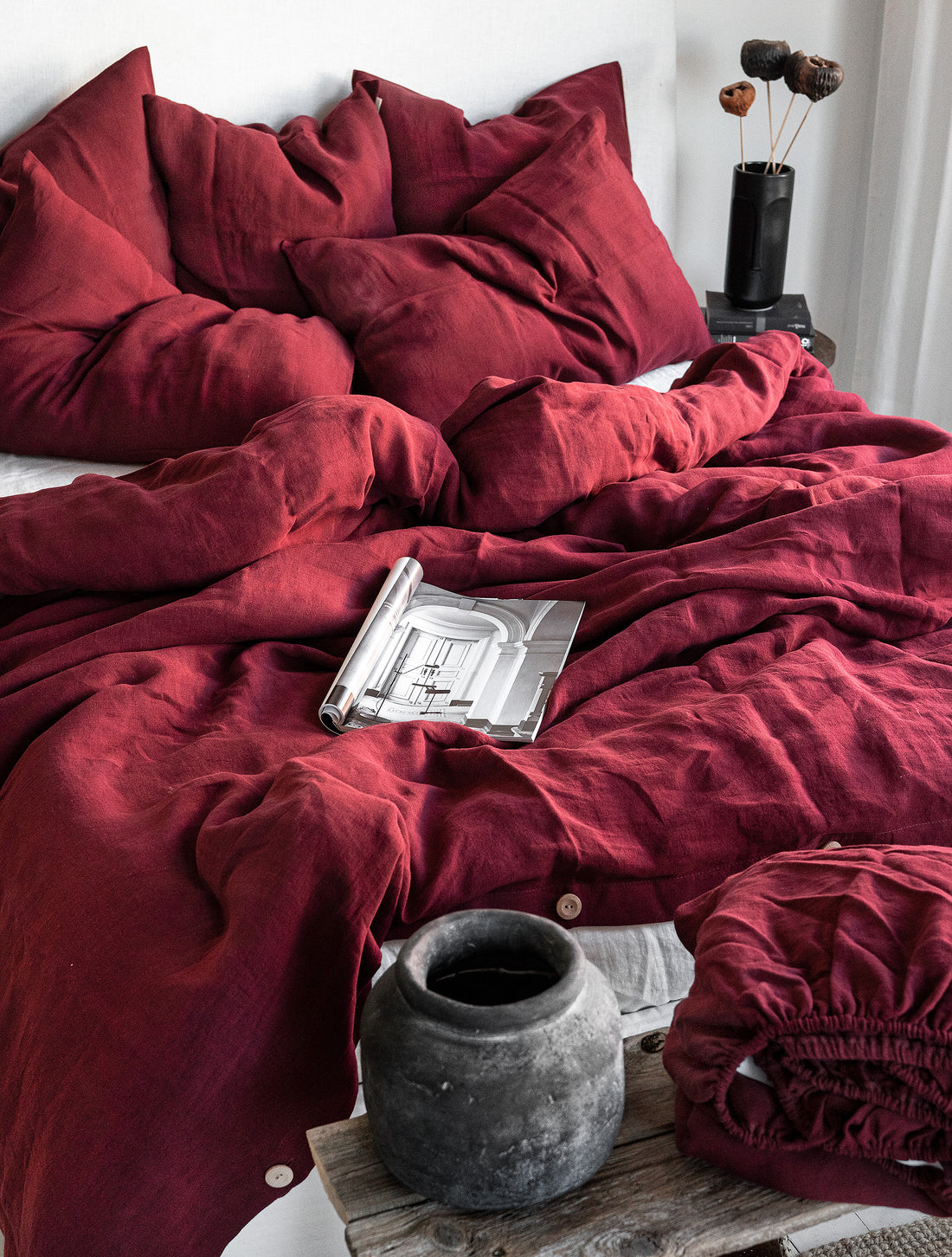 Linen Duvet Cover in Maroon