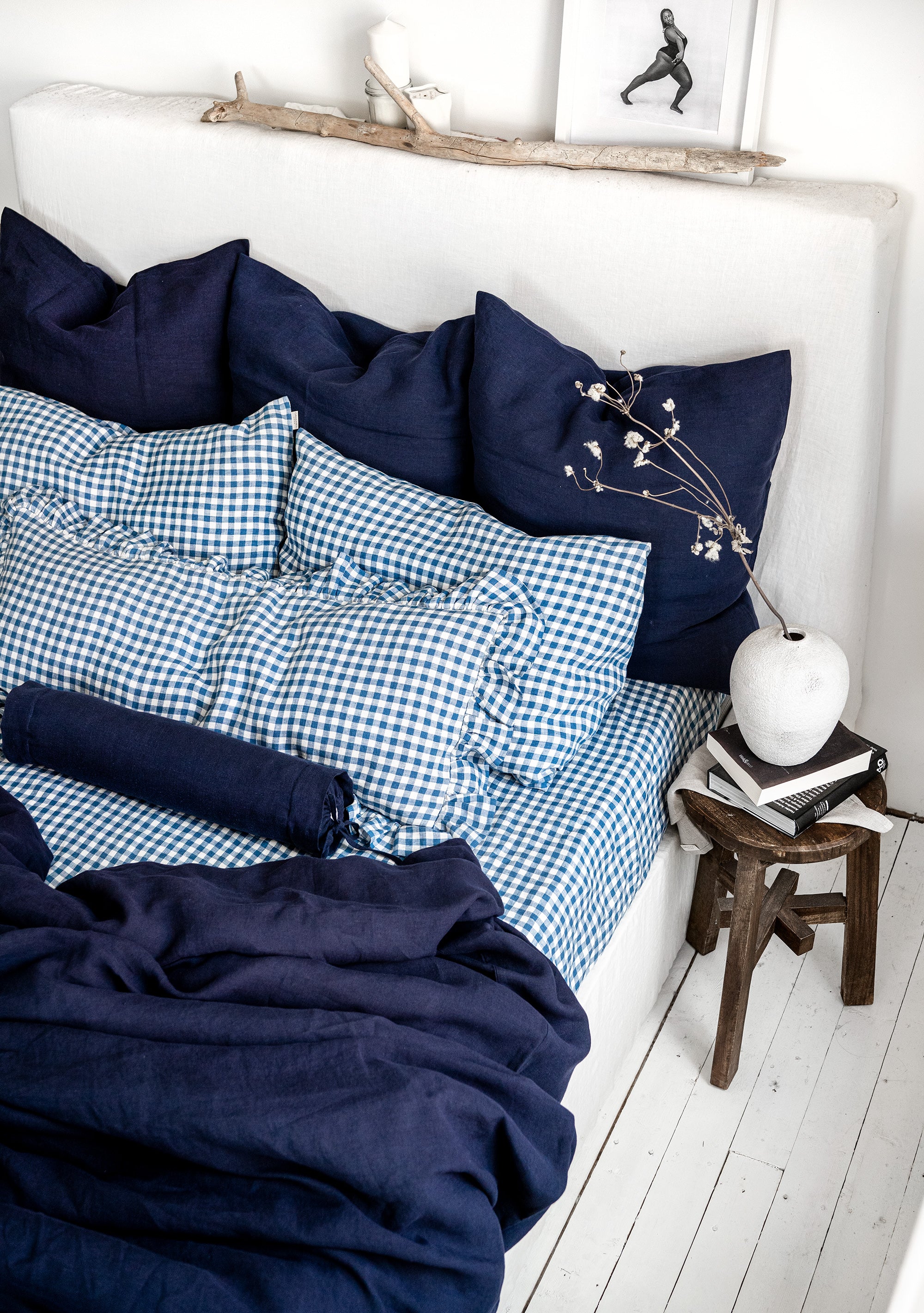 Linen Bedding Set in Blue Gingham - Duvet Cover & 2 Pillowcases