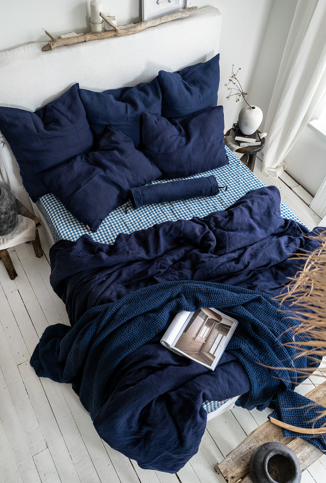 Linen Fitted Sheet in Blue Gingham