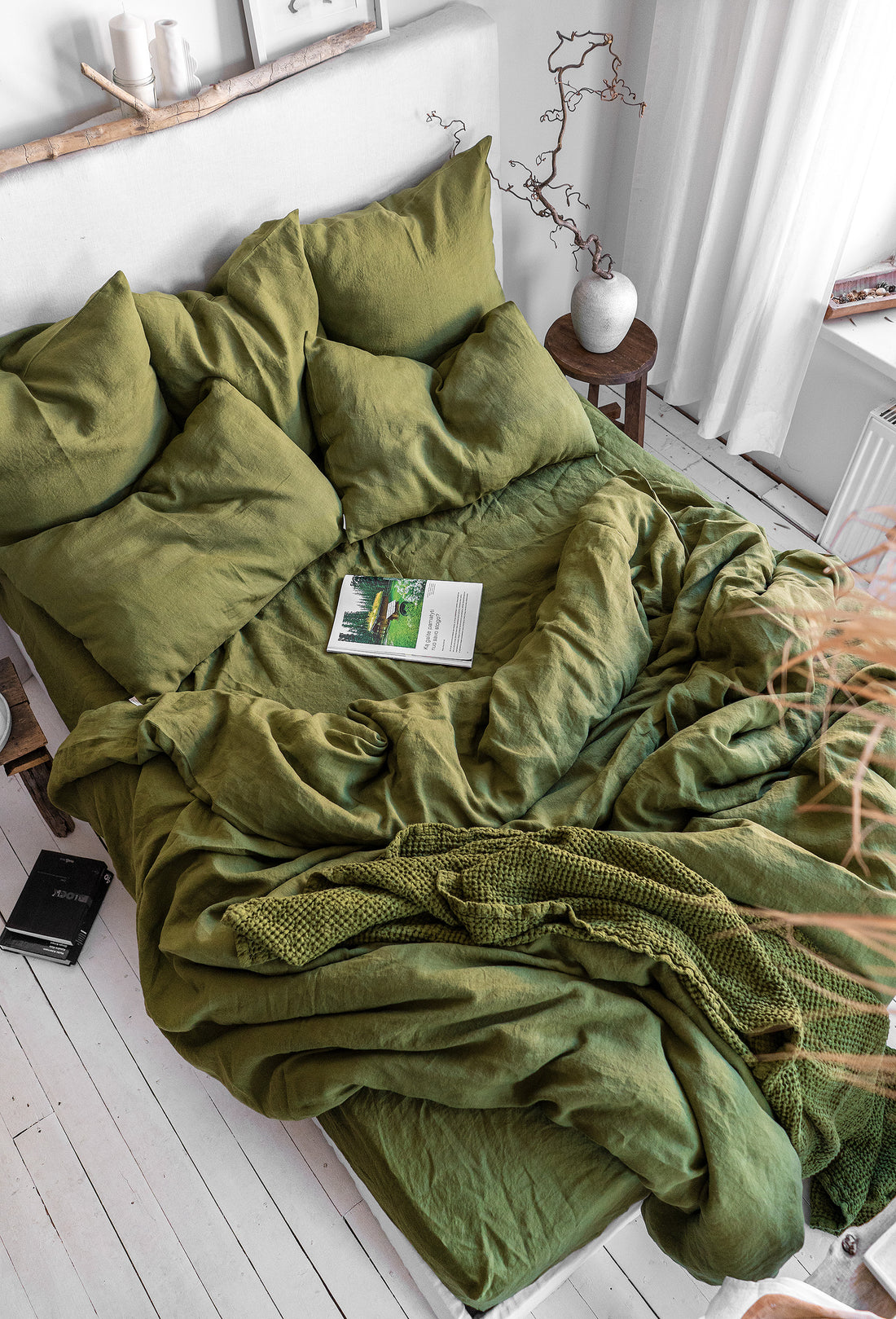 Linen Flat Sheet in Moss Green