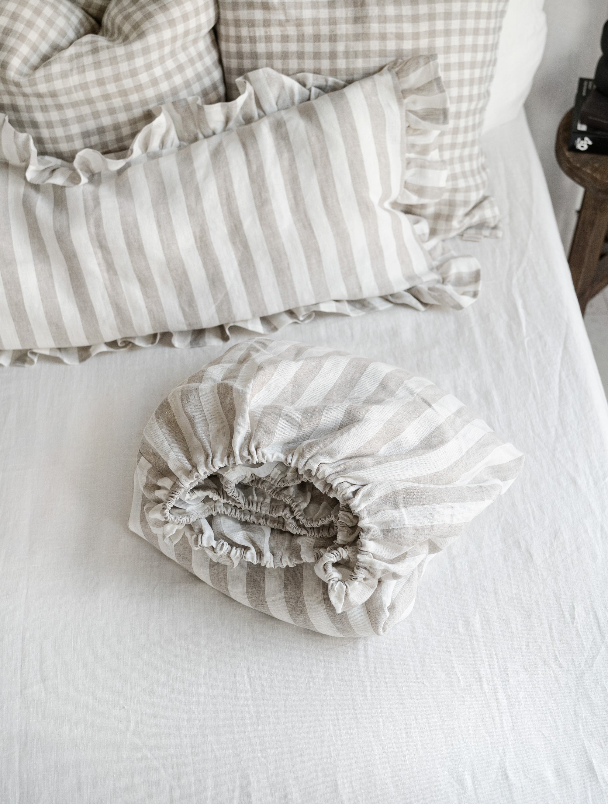 Linen Fitted Sheet in Natural Stripes