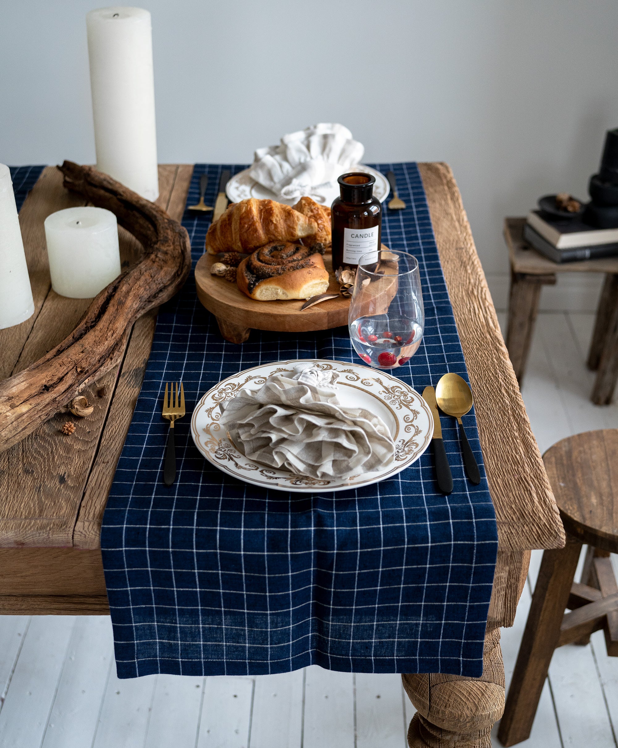 Linen Table Runner in Navy Grid