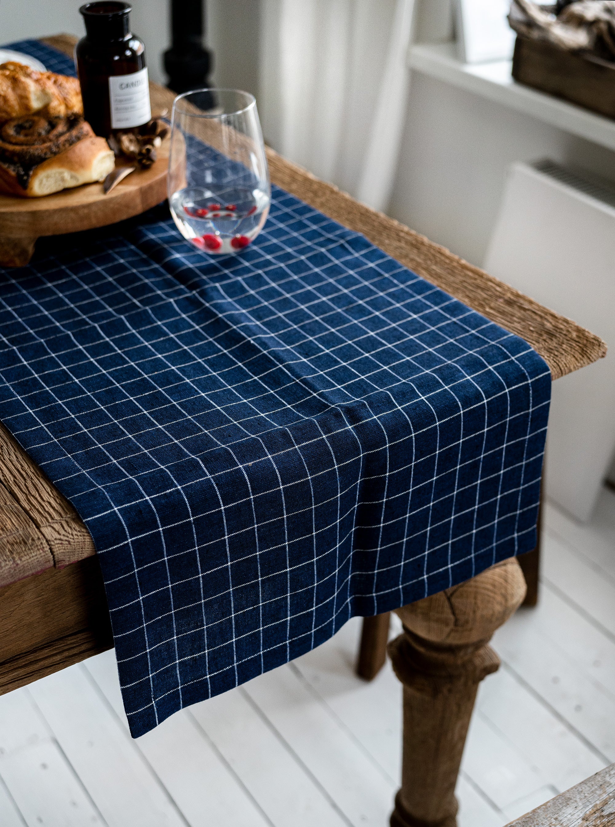 Linen Table Runner in Navy Grid