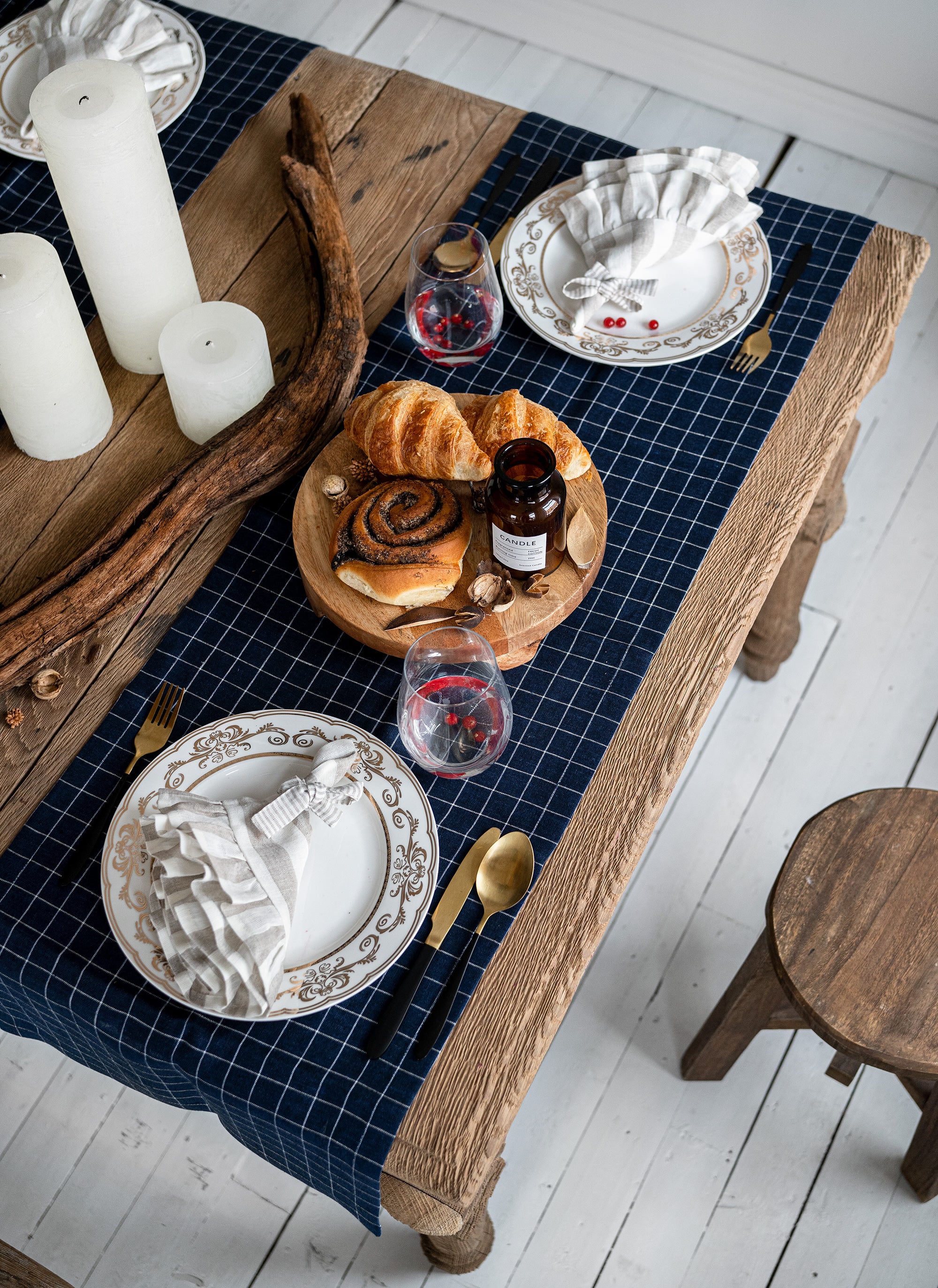 Linen Table Runner in Navy Grid