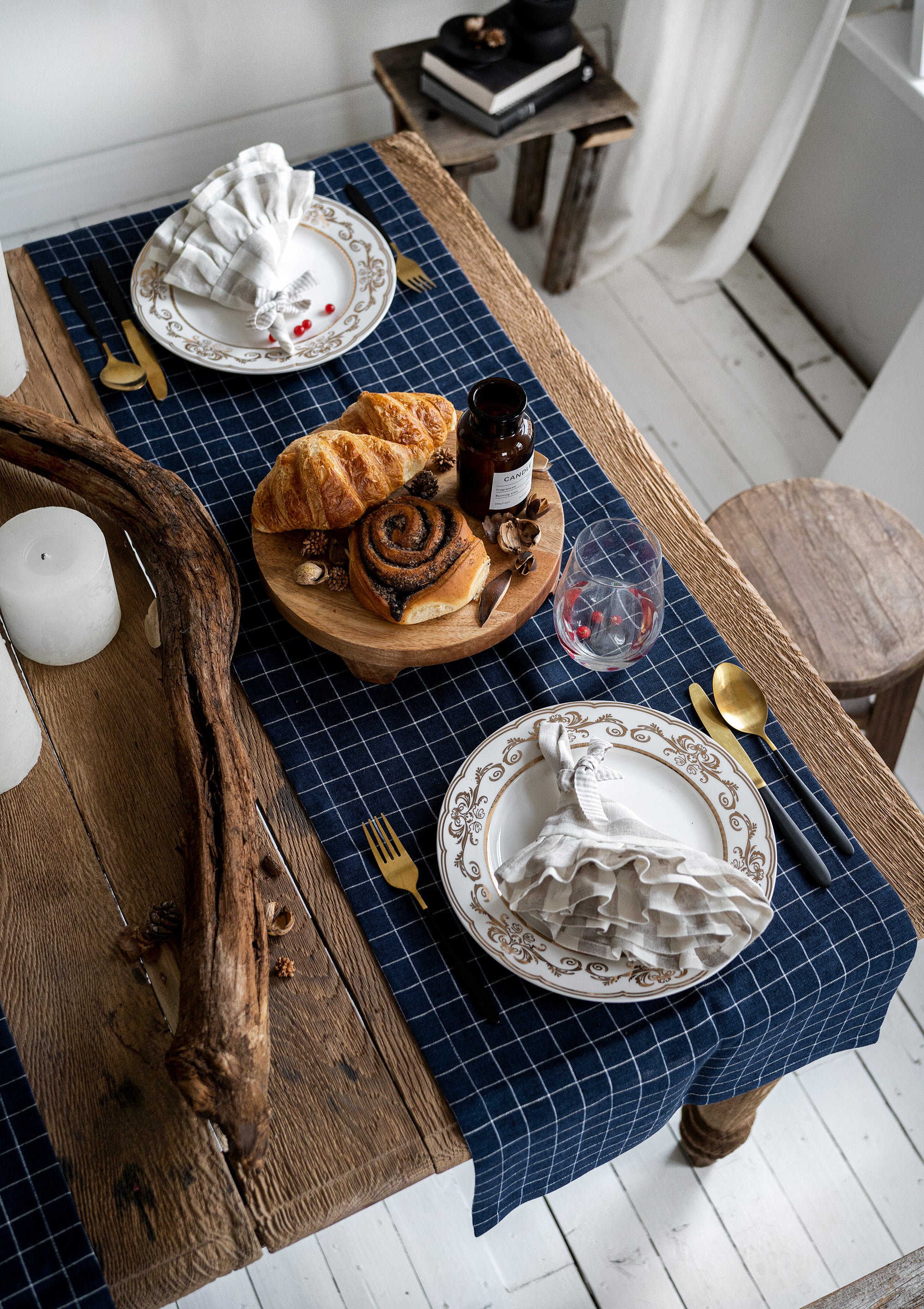 Linen Table Runner in Navy Grid