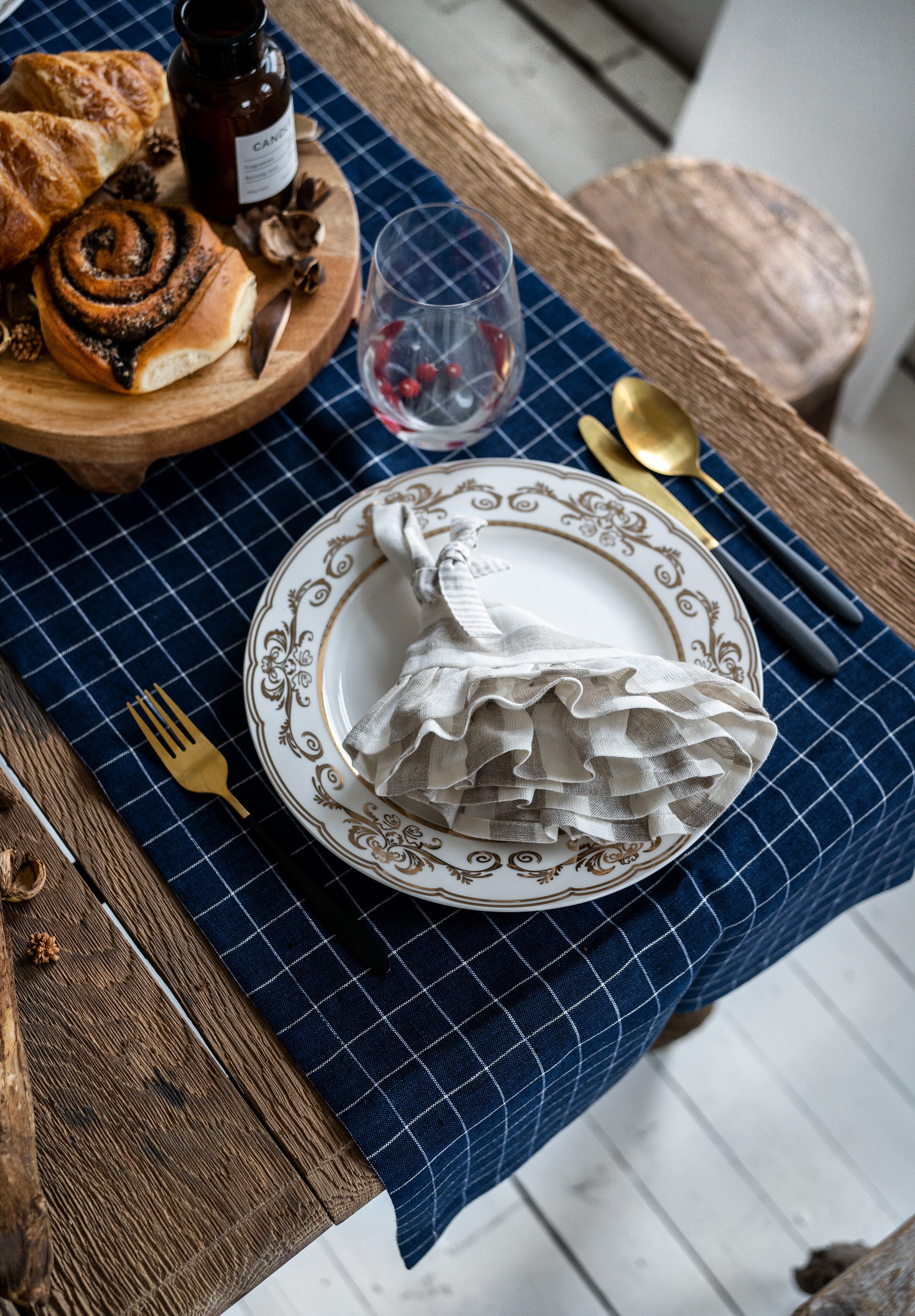 Linen Table Runner in Navy Grid