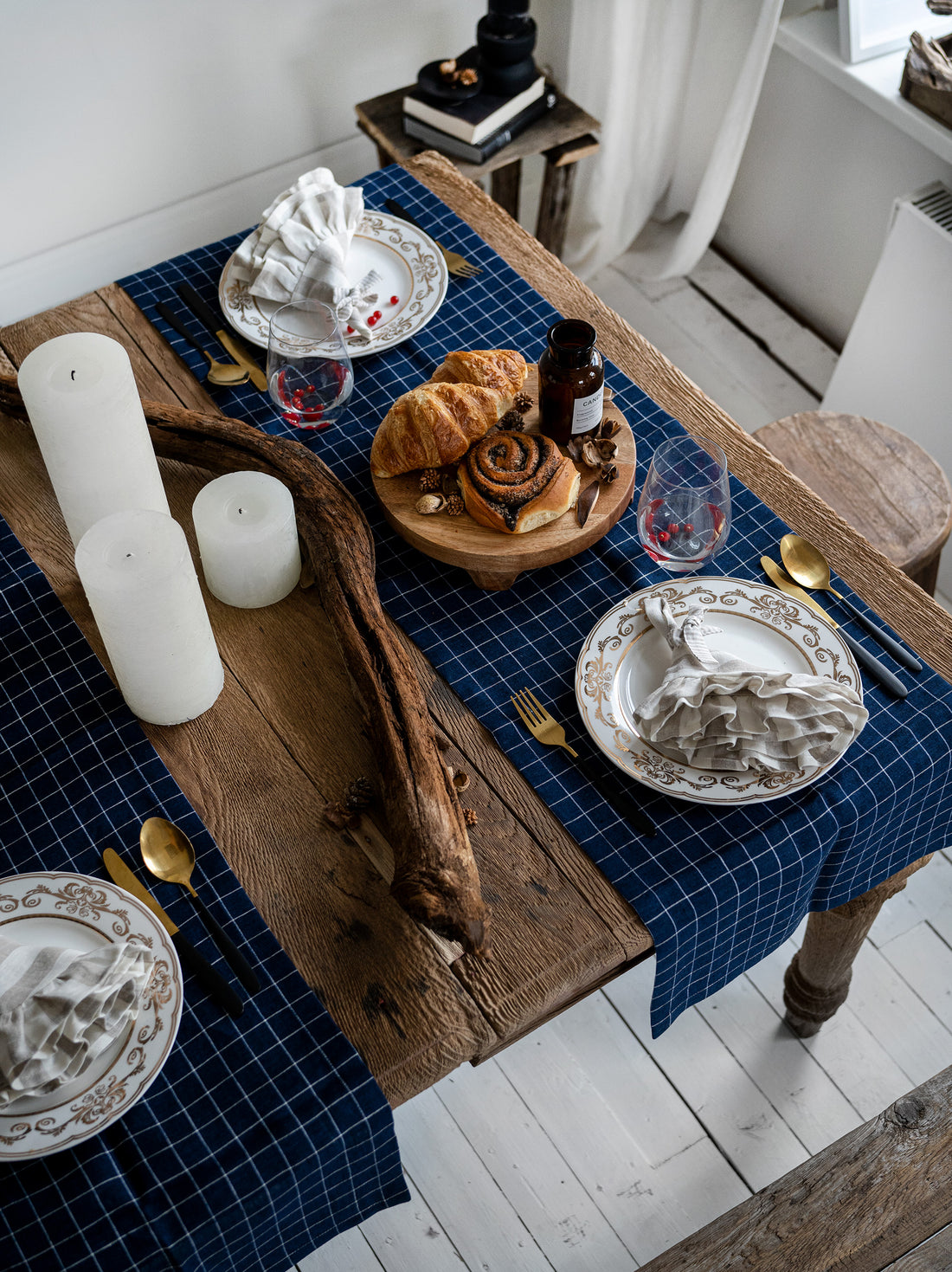 Linen Table Runner in Navy Grid