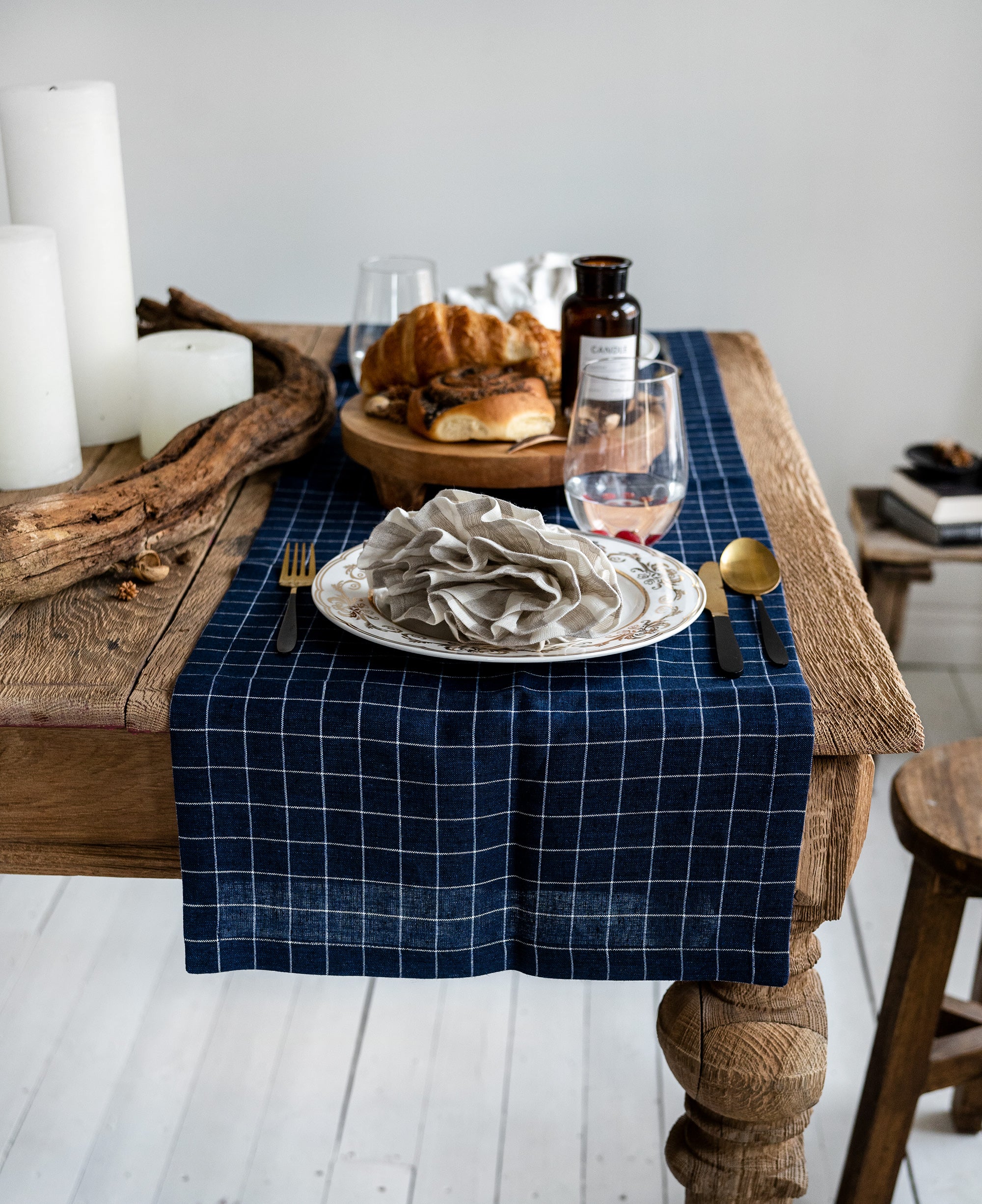 Linen Table Runner in Navy Grid