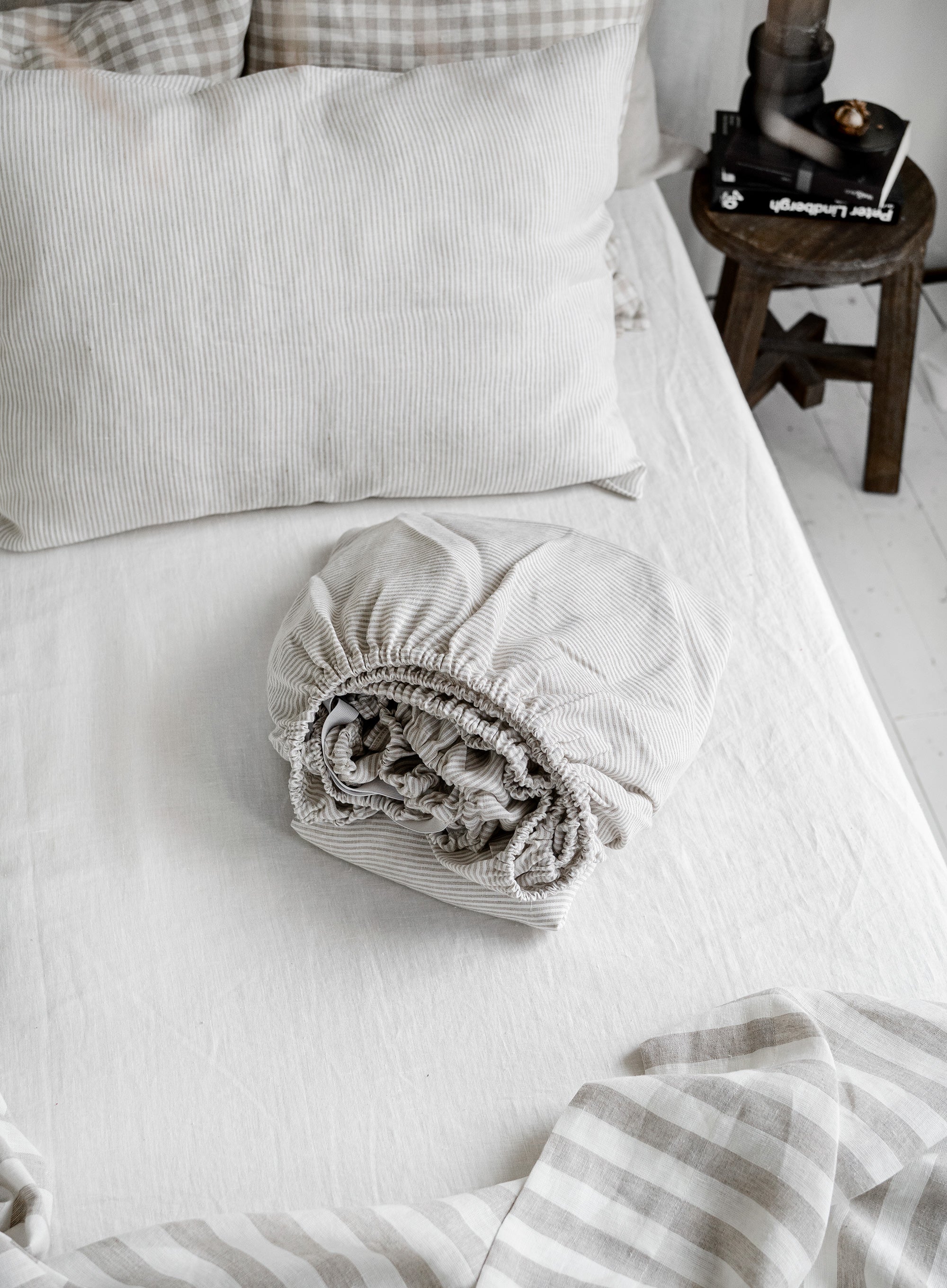 Linen Fitted Sheet in Natural Pinstripe