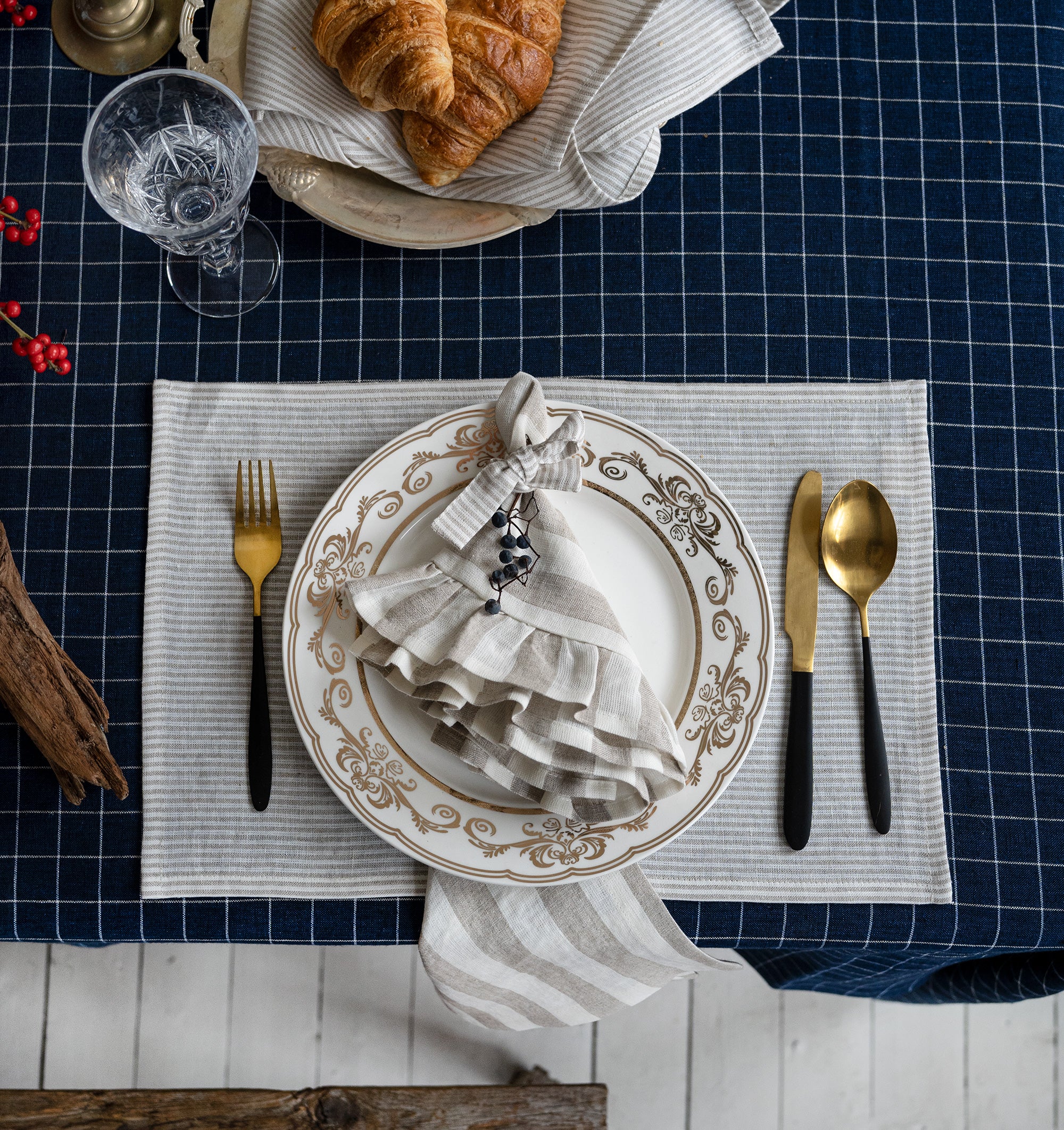 Ruffled Linen Napkin in Natural Stripes