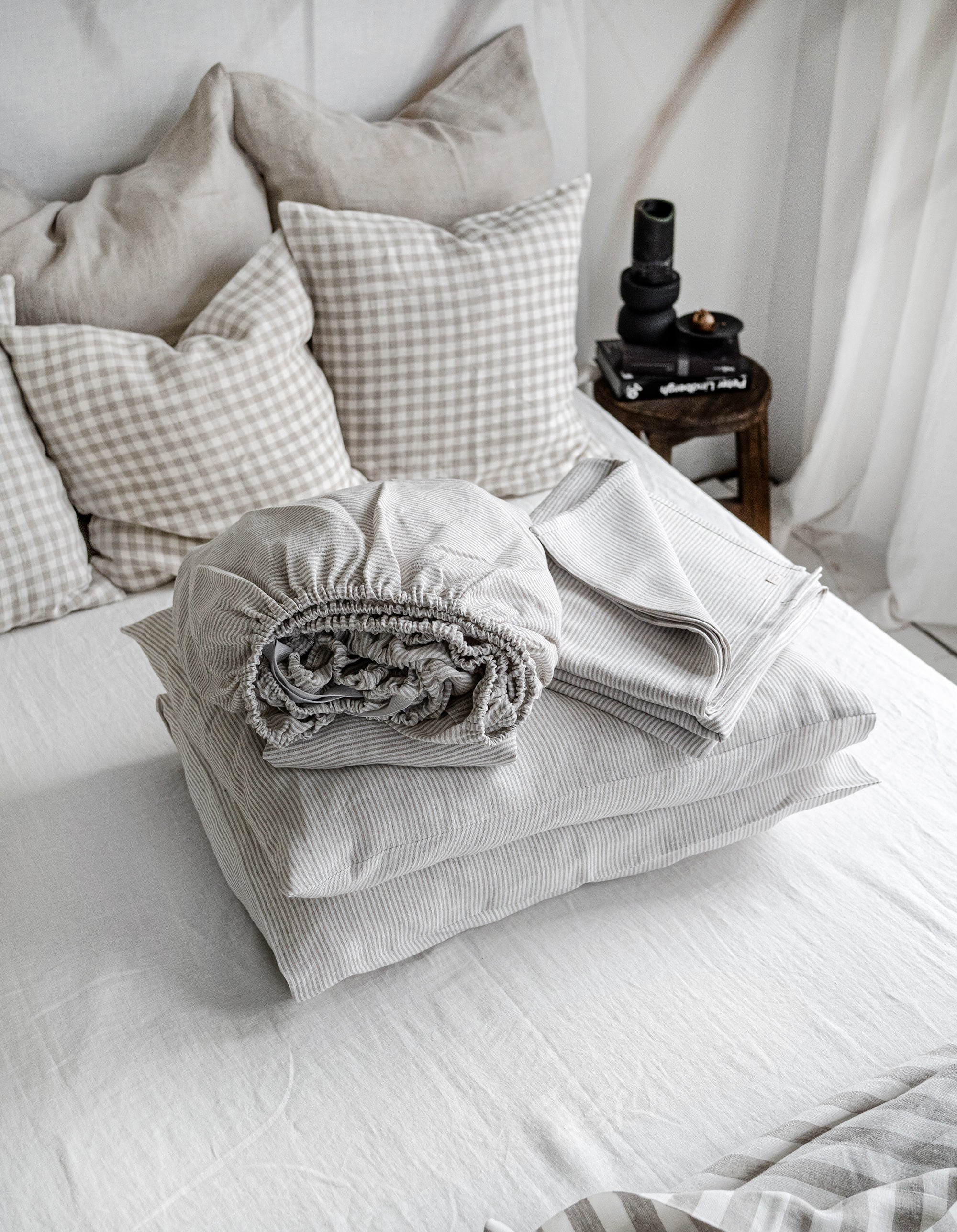Linen Sheet Set in Natural Pinstripe