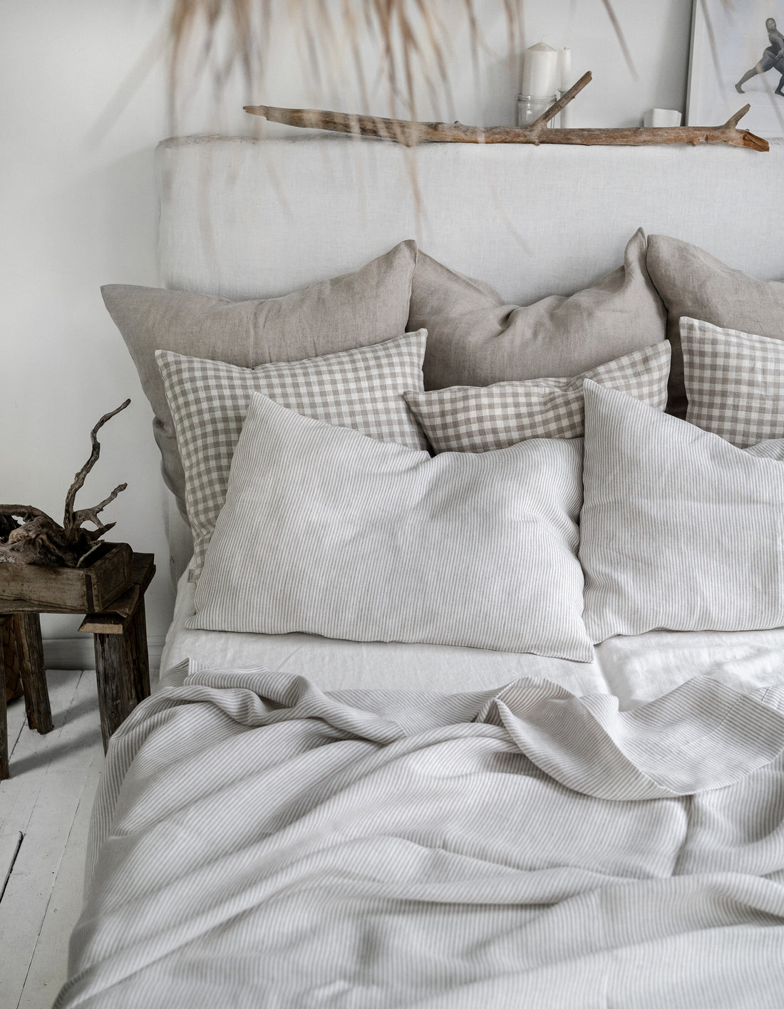 Linen Fitted Sheet in Natural Pinstripe
