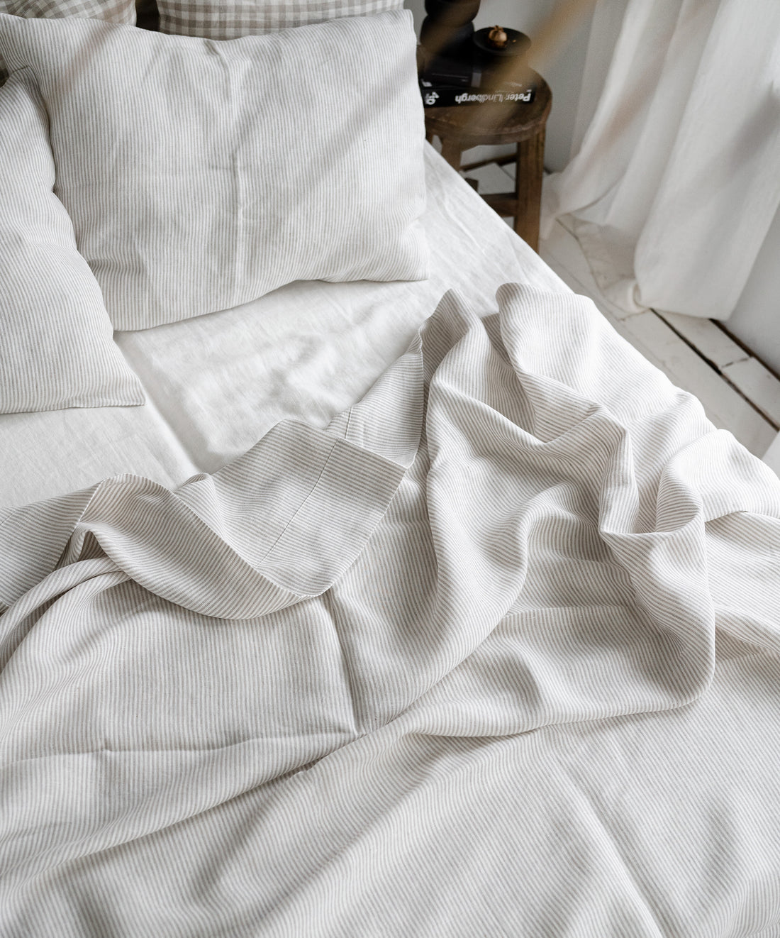 Linen Flat Sheet in Natural Pintstripe