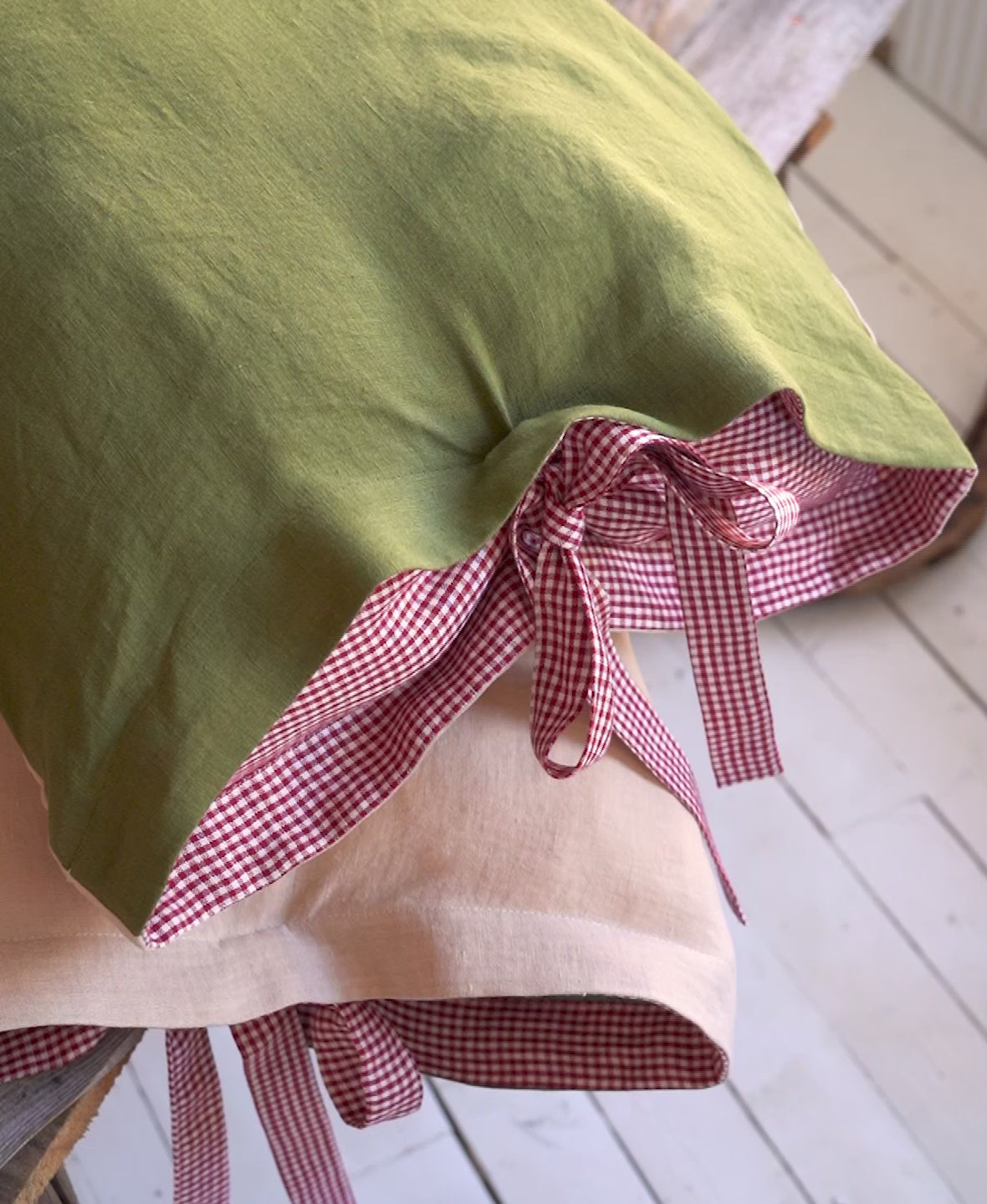 Two Sided Linen Pillowcase with Gingham Ribbon in Moss Green & Cream
