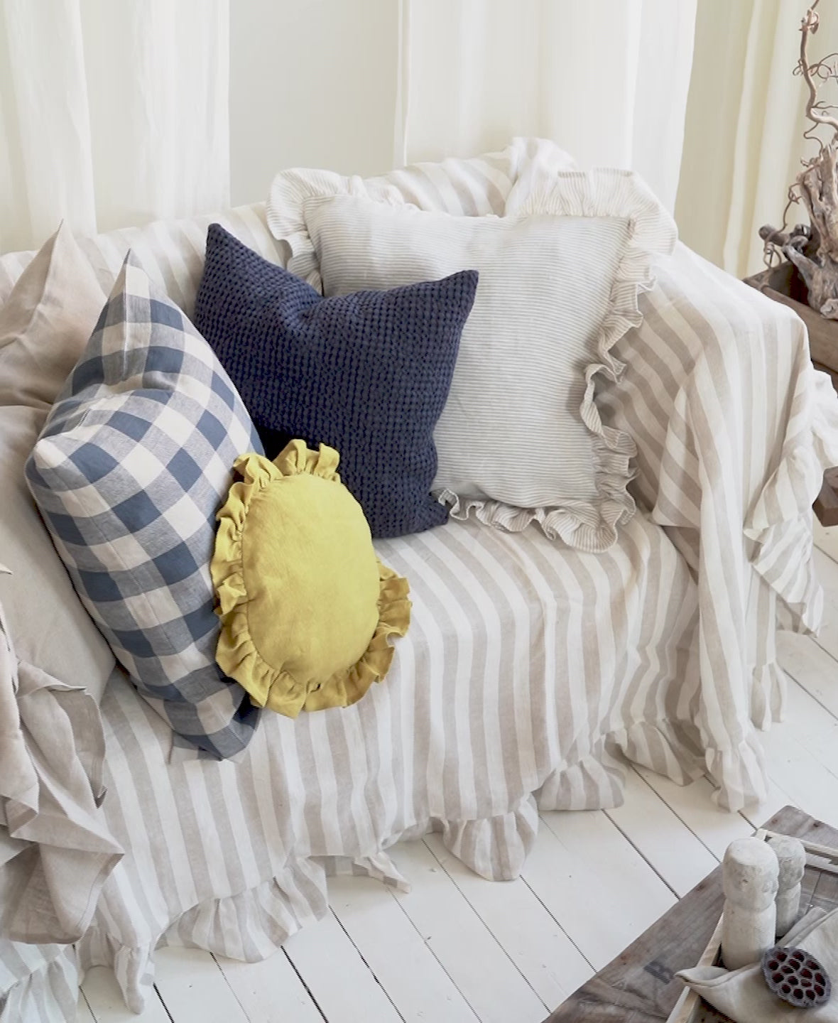 Ruffled Linen Couch Cover in Natural Stripes