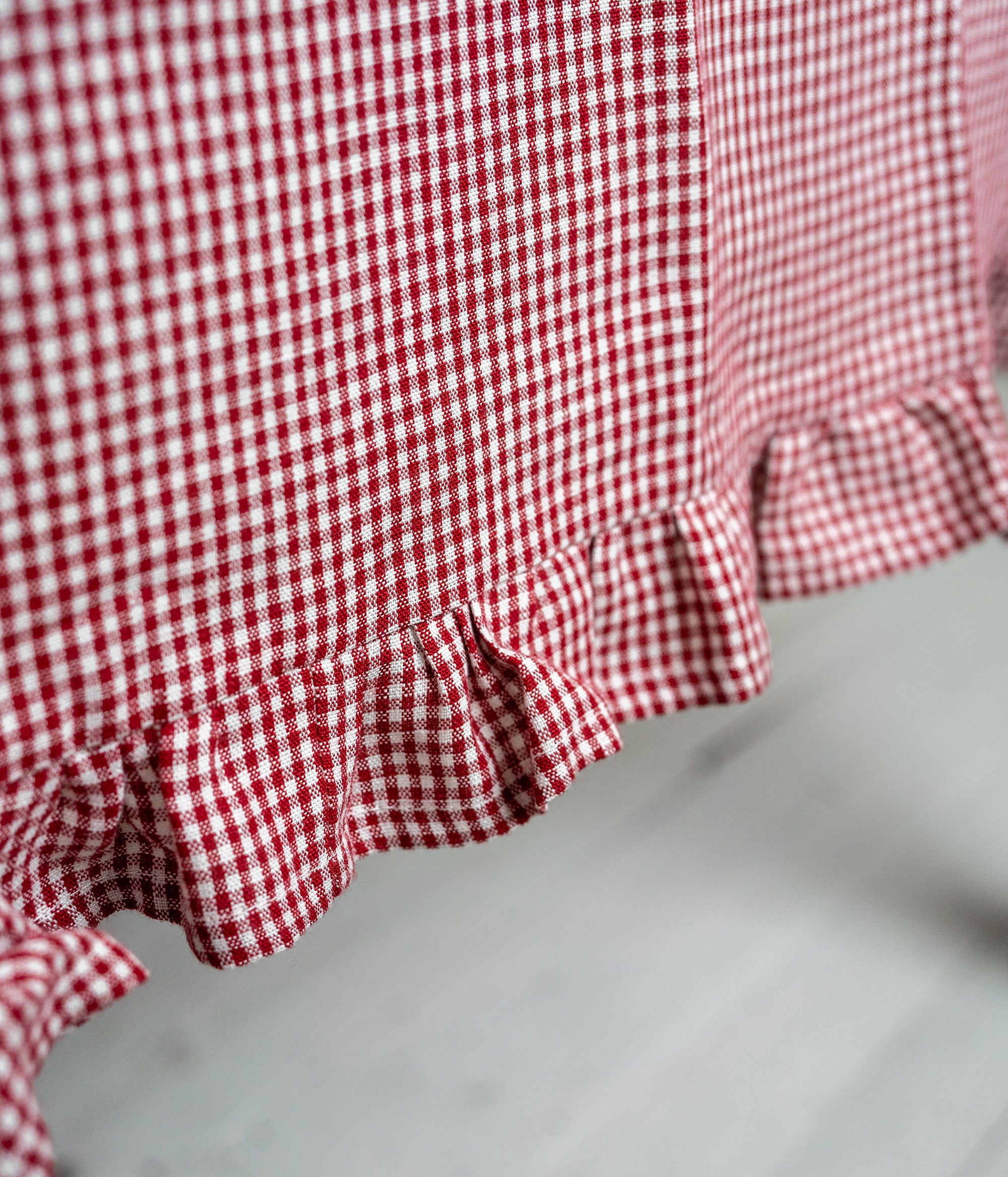Ruffled Linen Tablecloth in Mini Red Gingham