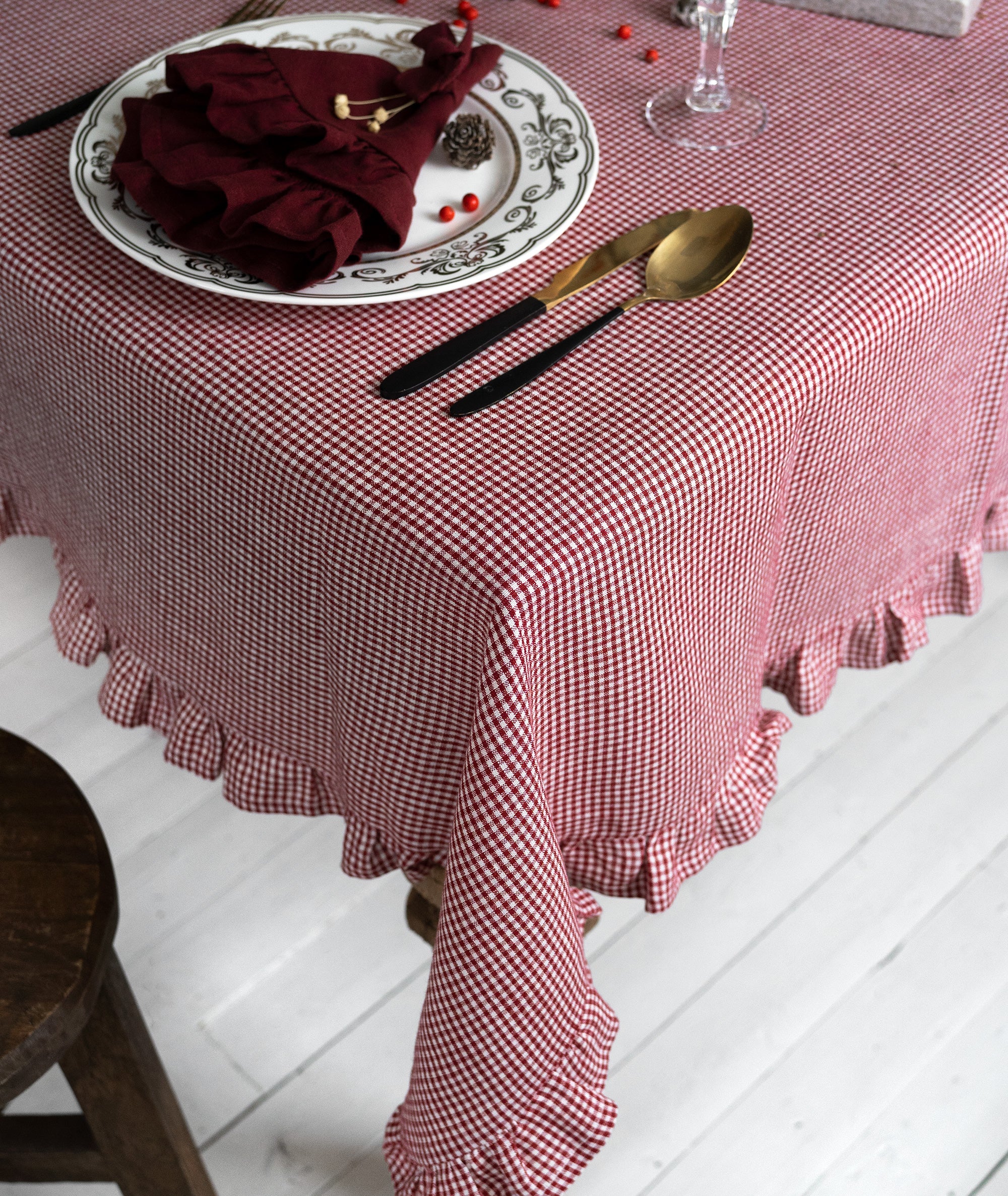 Ruffled Linen Tablecloth in Mini Red Gingham