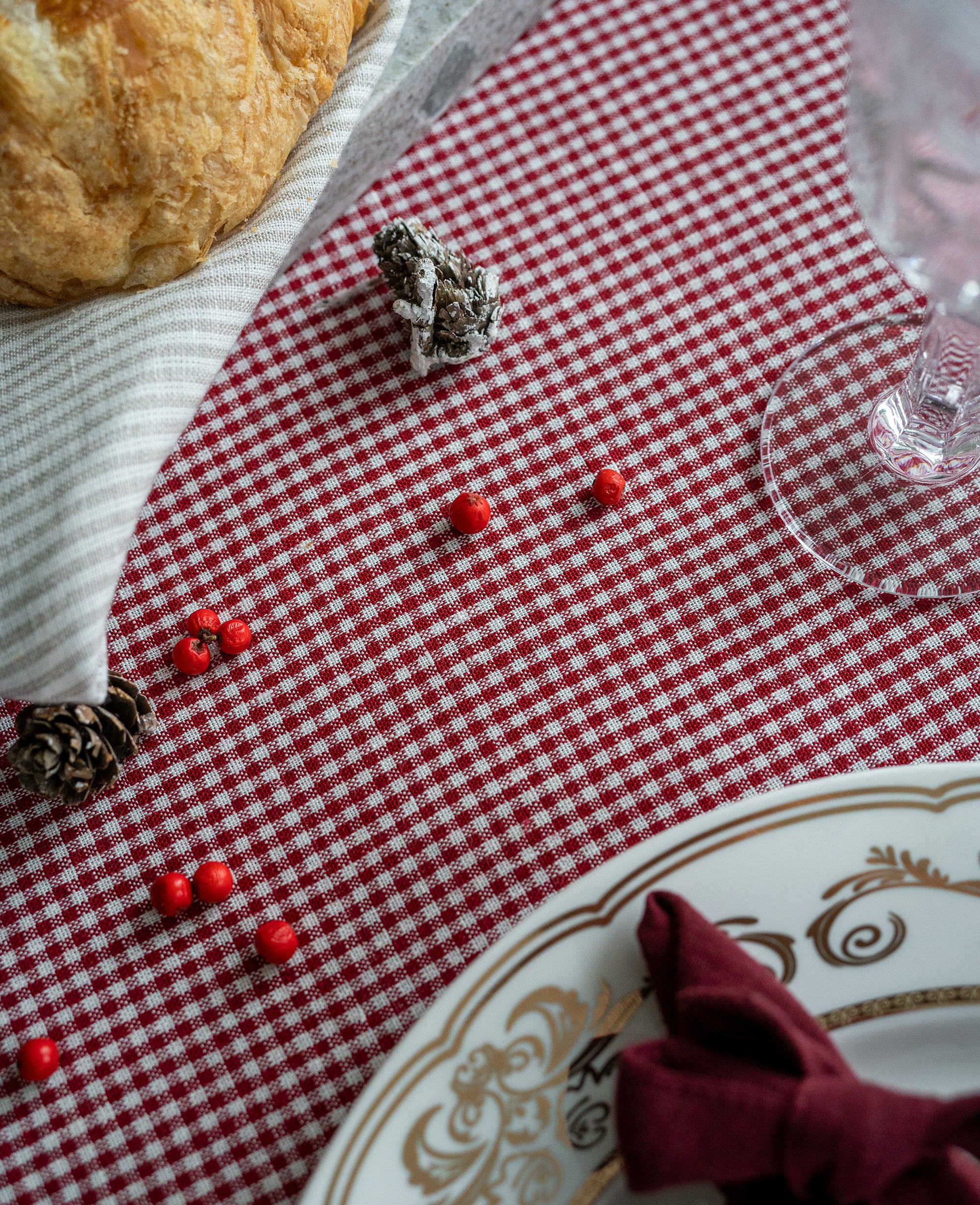 Ruffled Linen Tablecloth in Mini Red Gingham