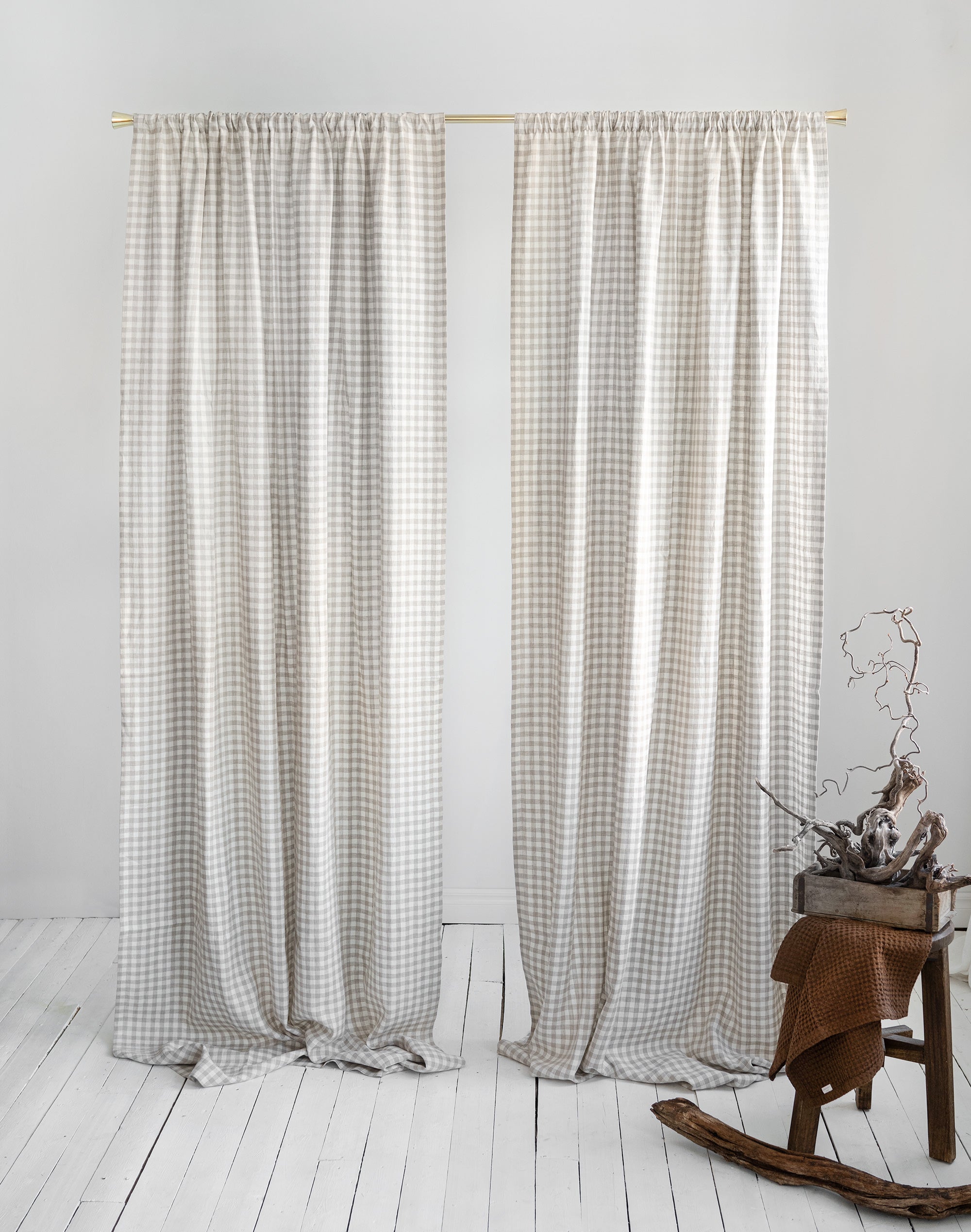 Rod Pocket Linen Curtains in Natural Gingham