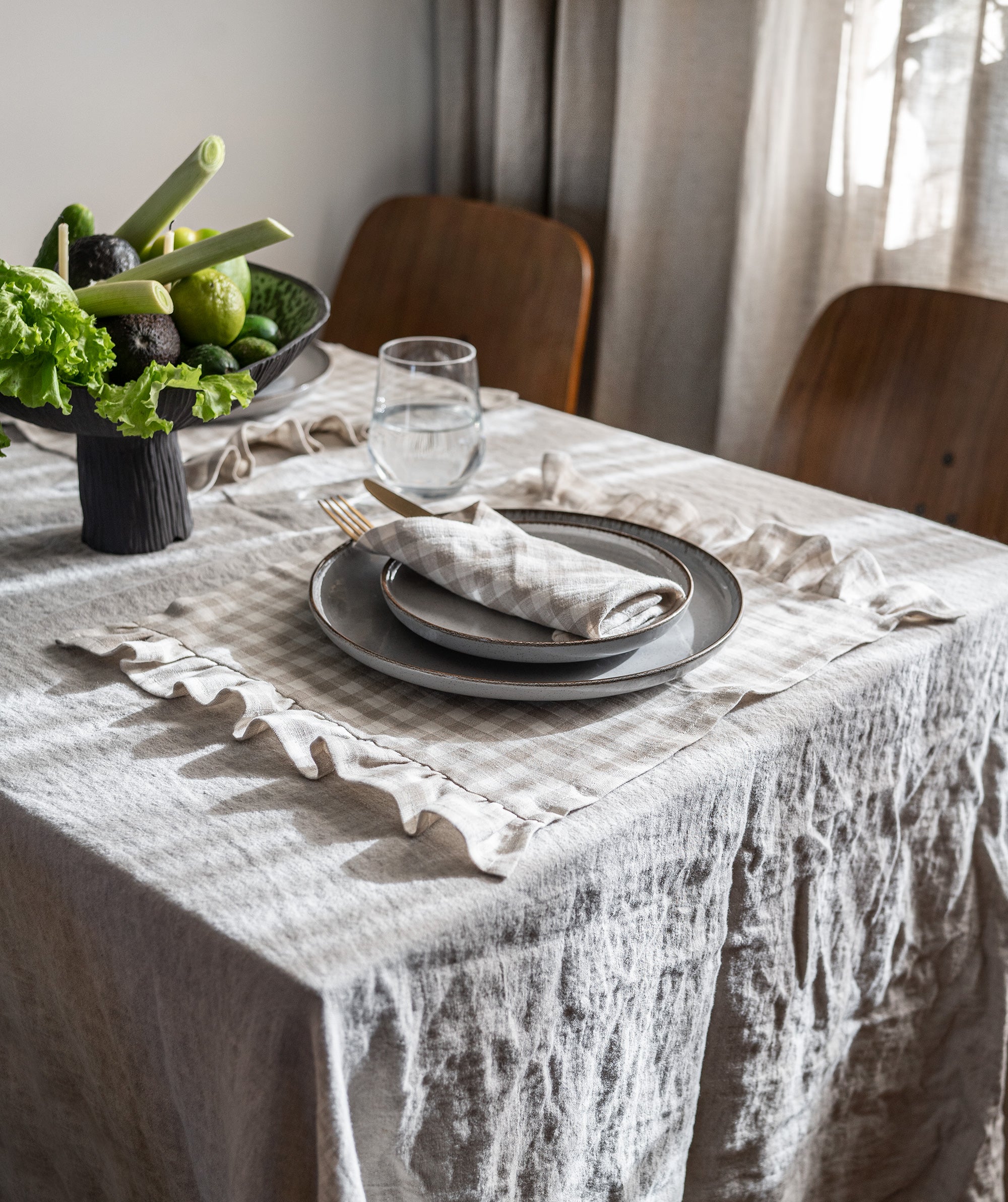 Linen Placemat in Natural Gingham with Ruffles
