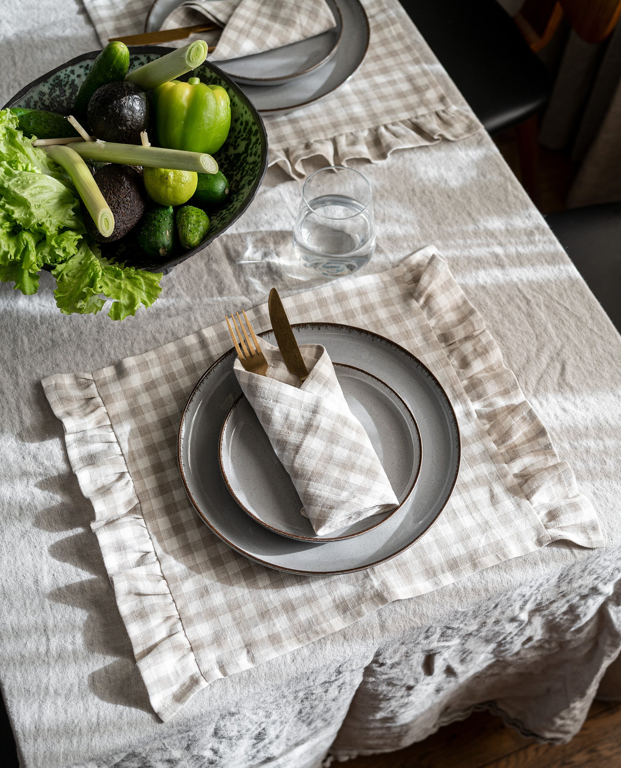 Linen Placemat in Natural Gingham with Ruffles