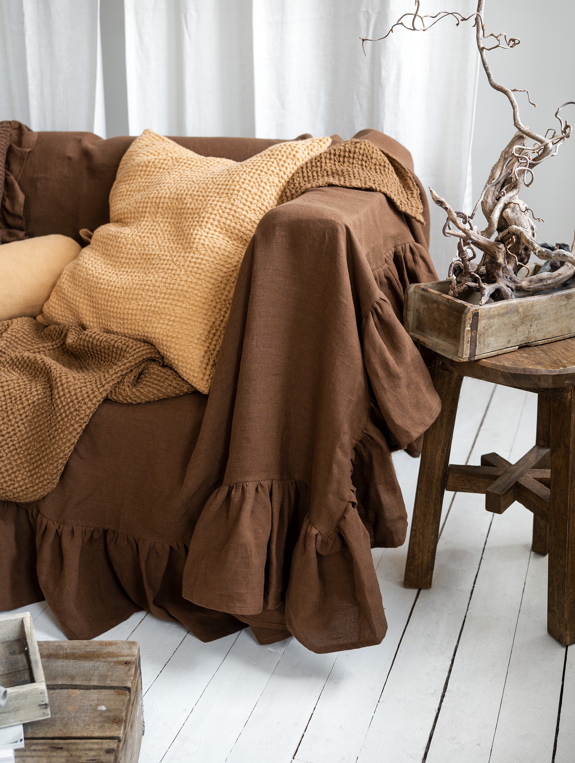 Ruffled Linen Couch Cover in Walnut
