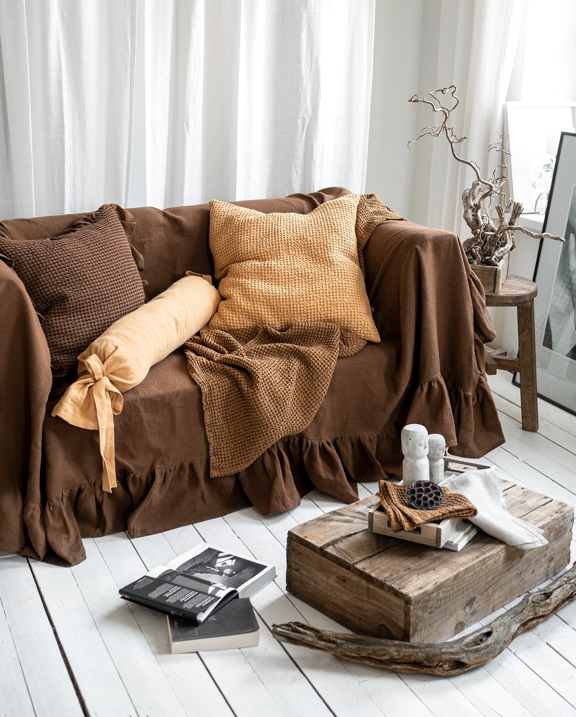 Ruffled Linen Couch Cover in Walnut