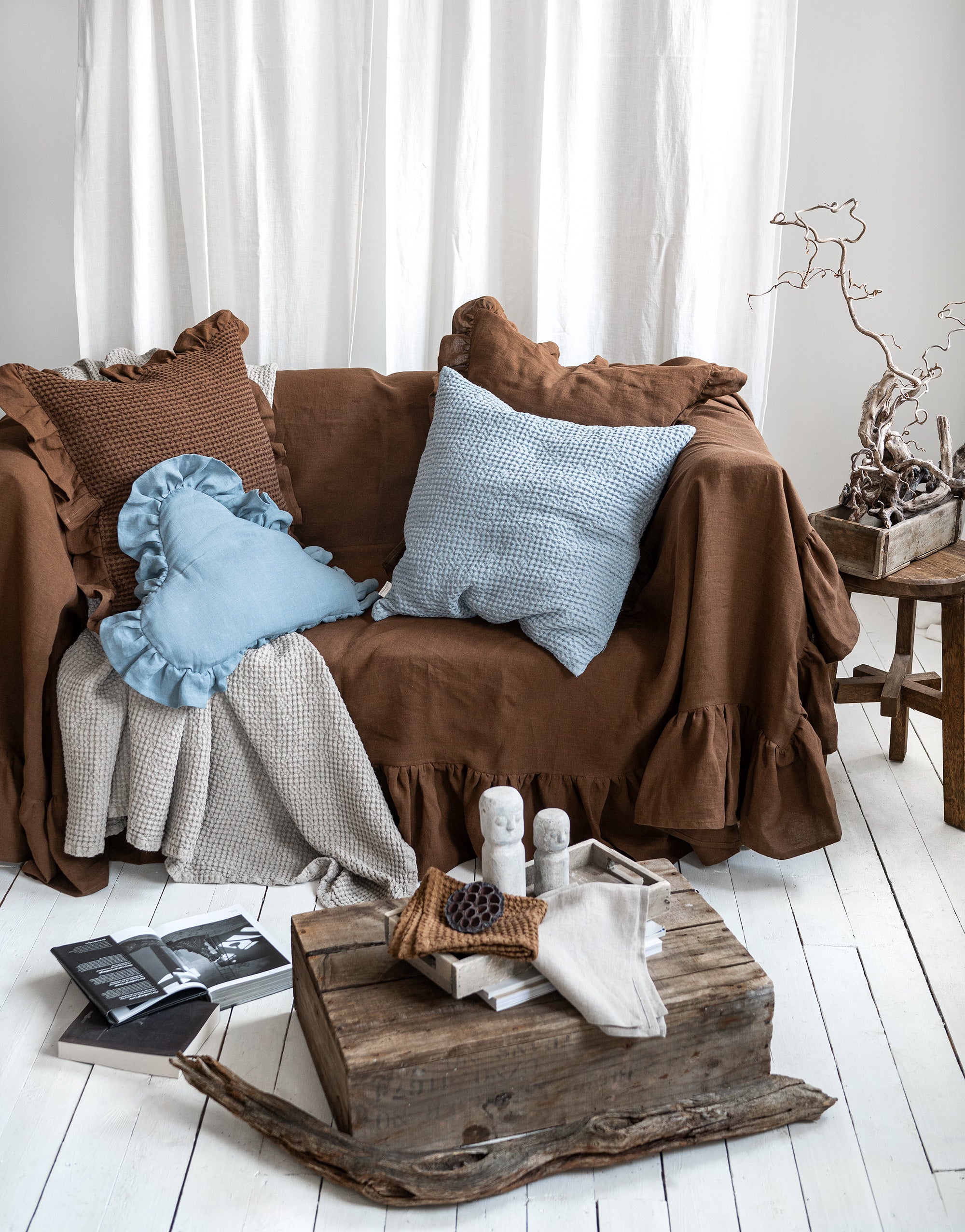 Ruffled Linen Couch Cover in Walnut