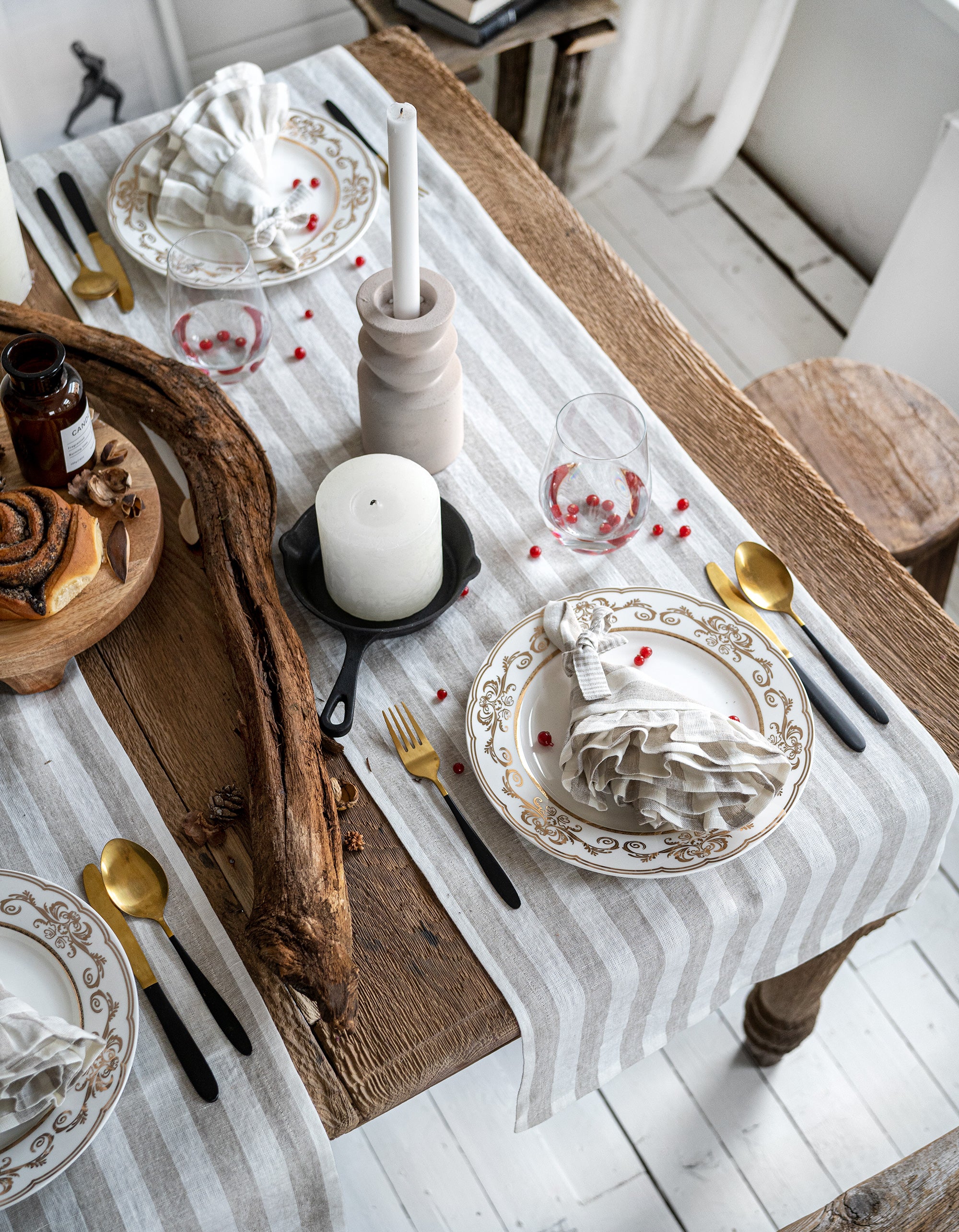 Linen Table Runner in Natural Stripes