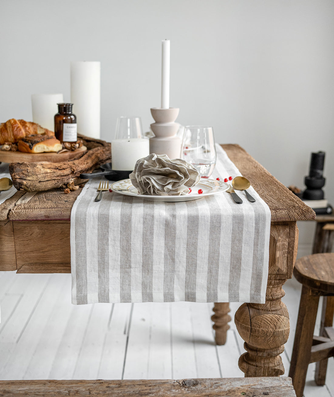 Linen Table Runner in Natural Stripes