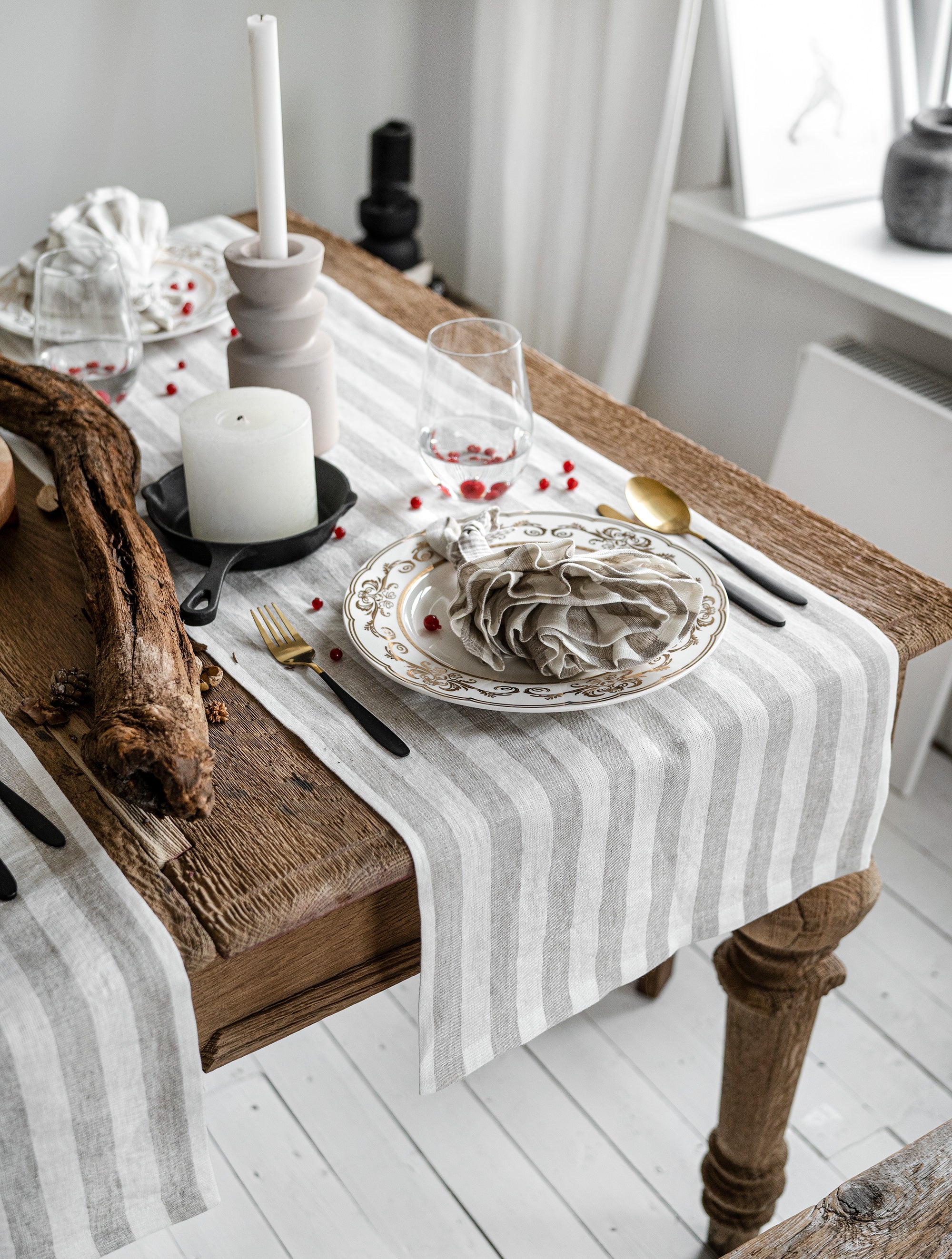 Linen Table Runner in Natural Stripes