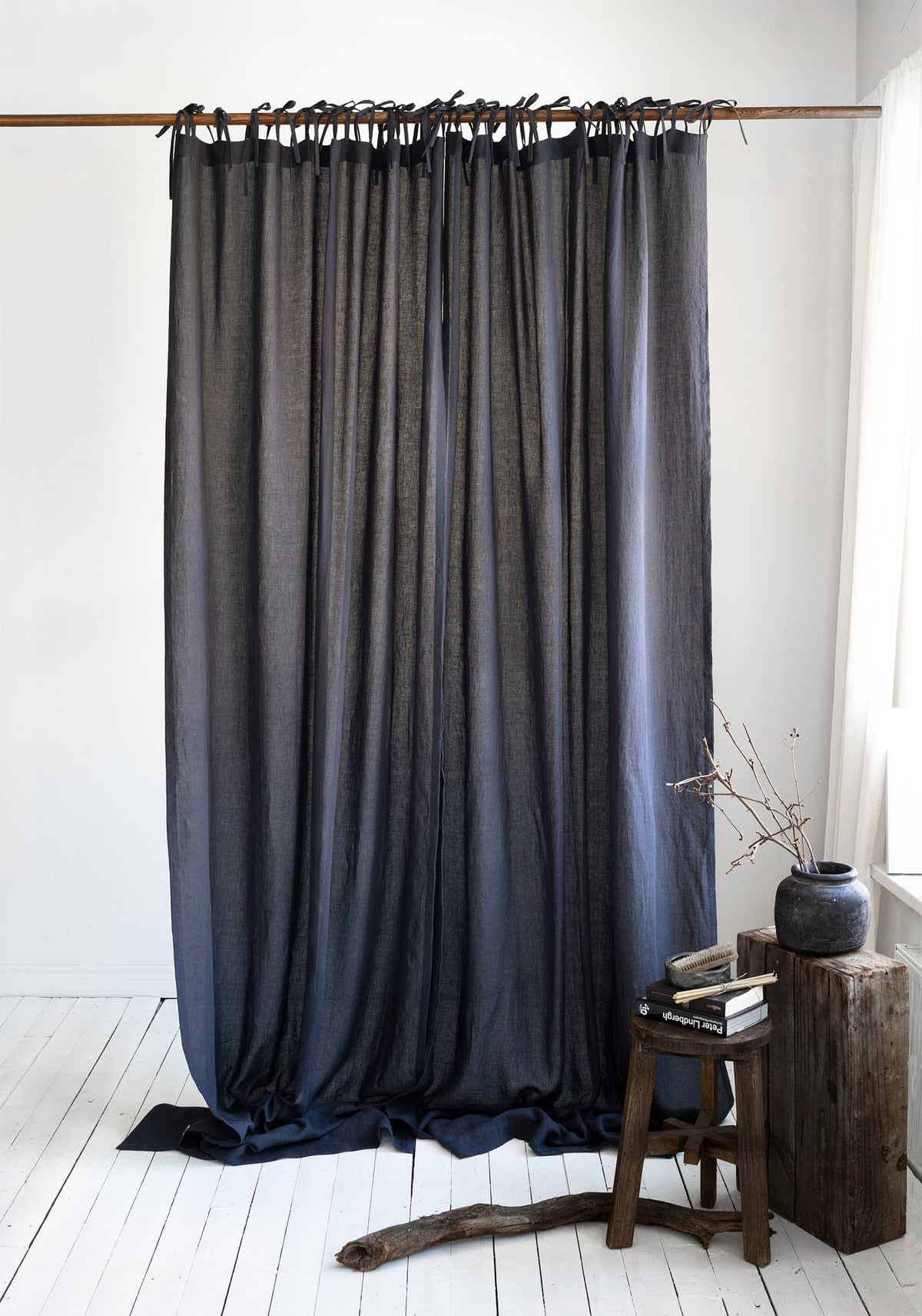 Tie Top Linen Curtains in Graphite Blue