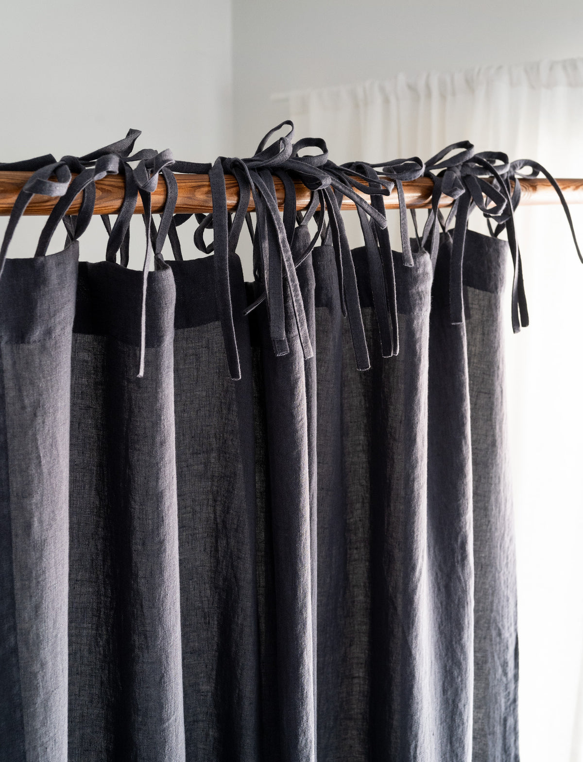 Tie Top Linen Curtains in Graphite Blue