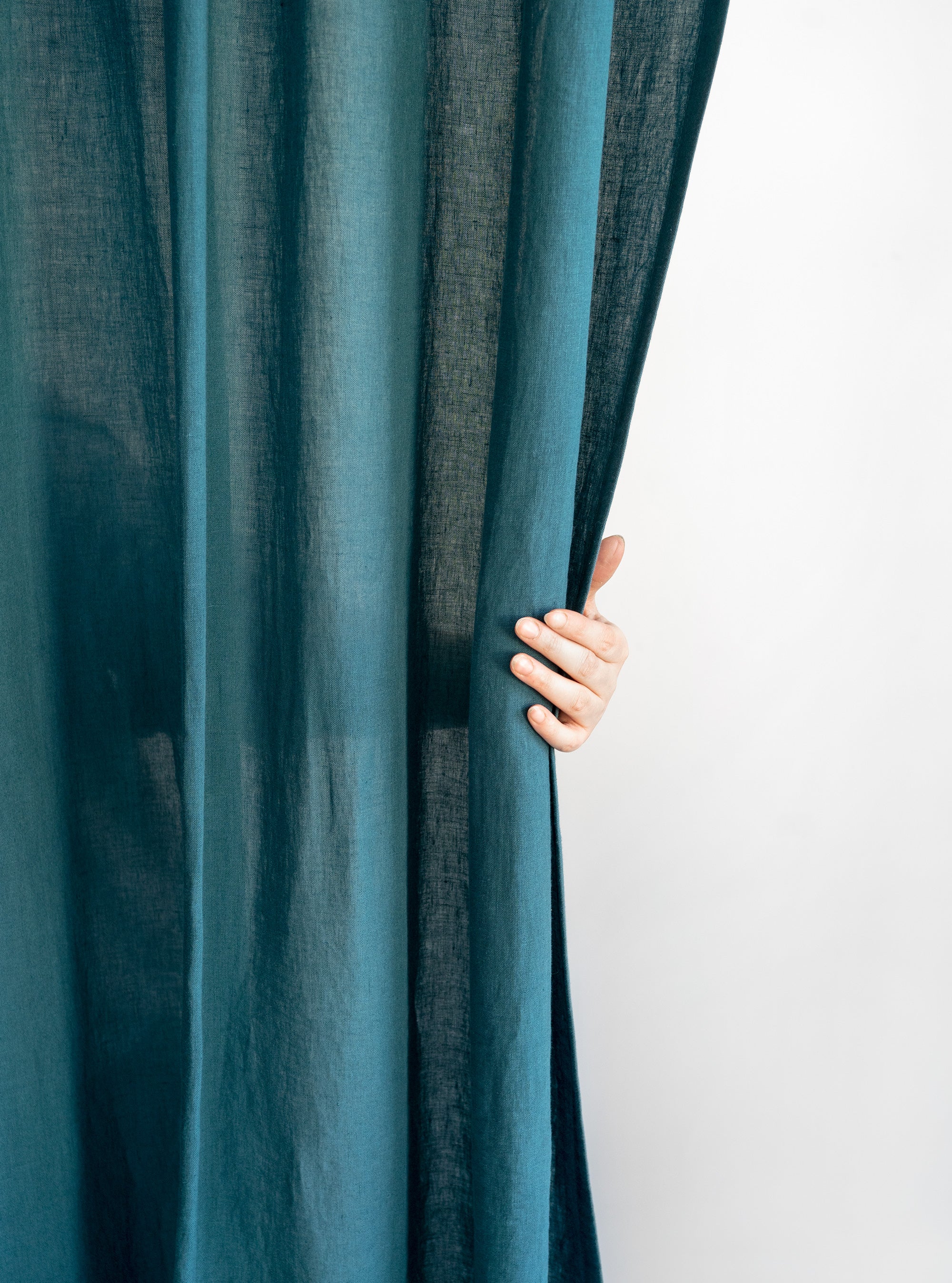 Tie Top Linen Curtains in Emerald Blue