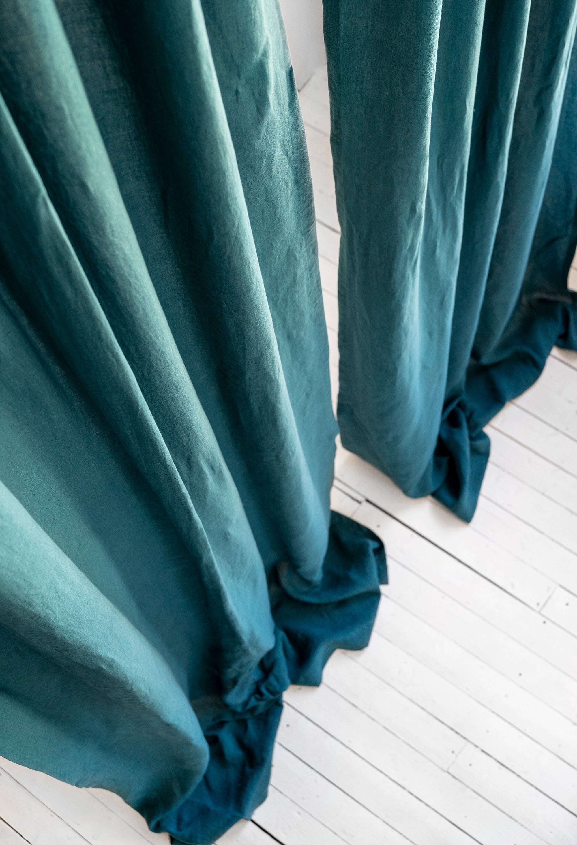 Tie Top Linen Curtains in Emerald Blue