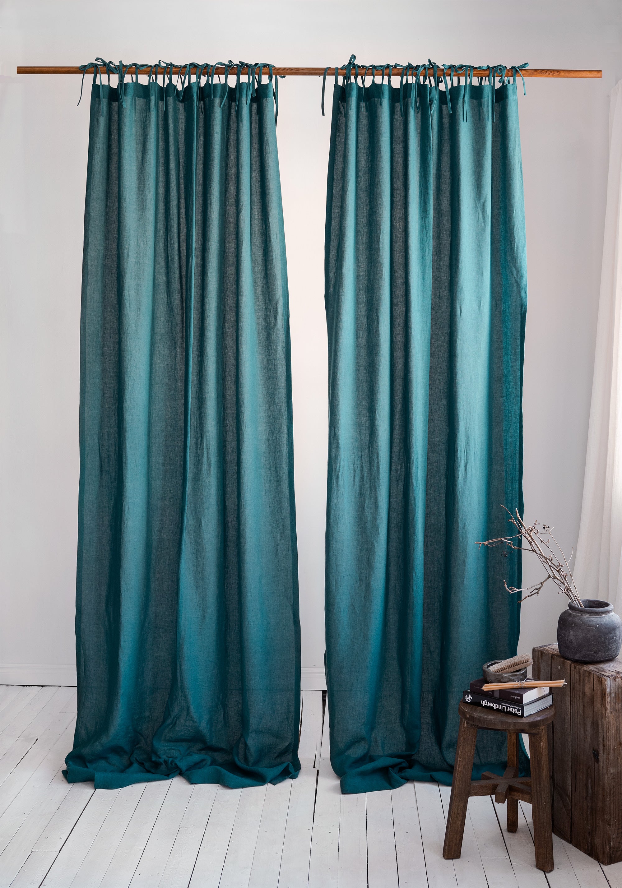 Tie Top Linen Curtains in Emerald Blue