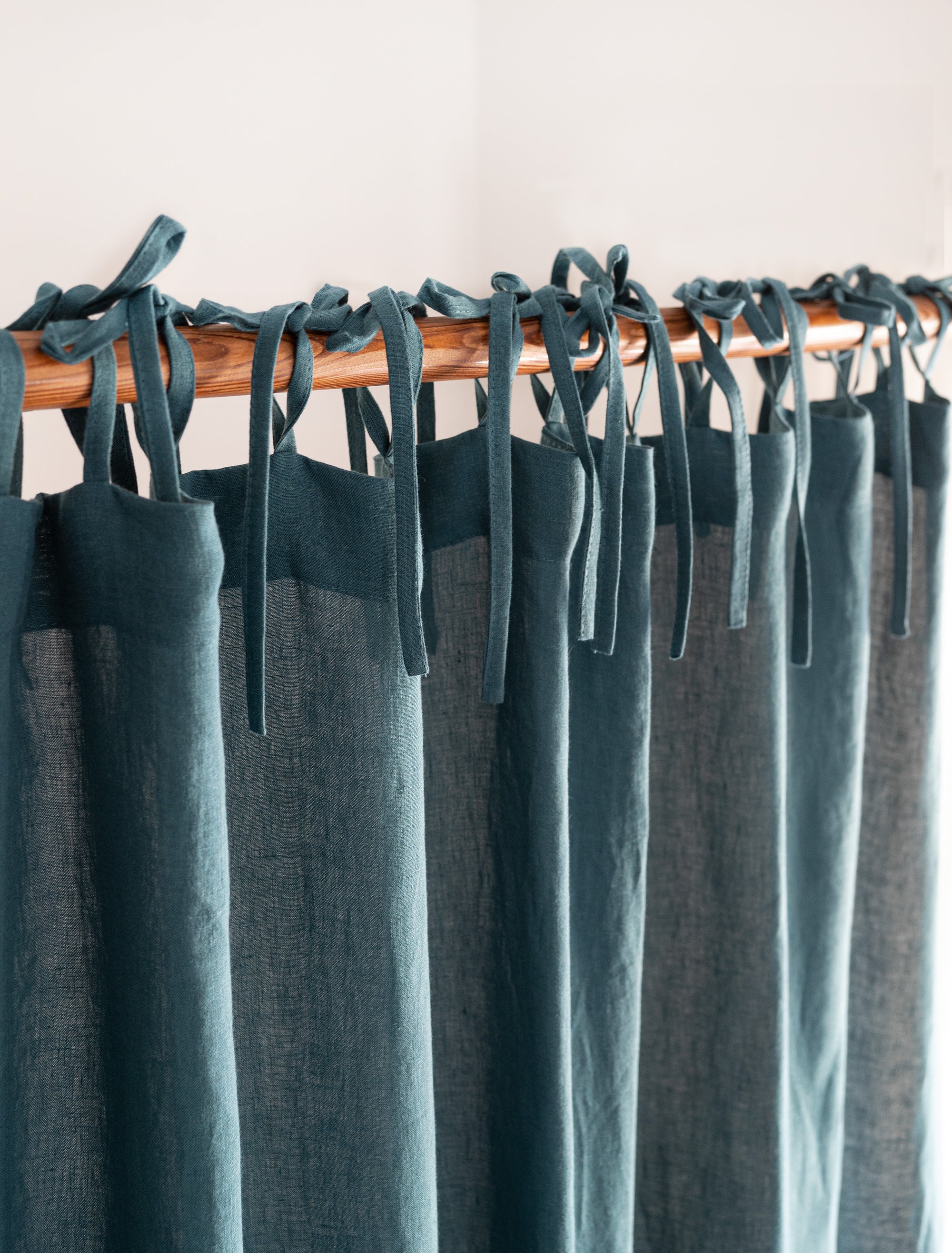 Tie Top Linen Curtains in Emerald Blue