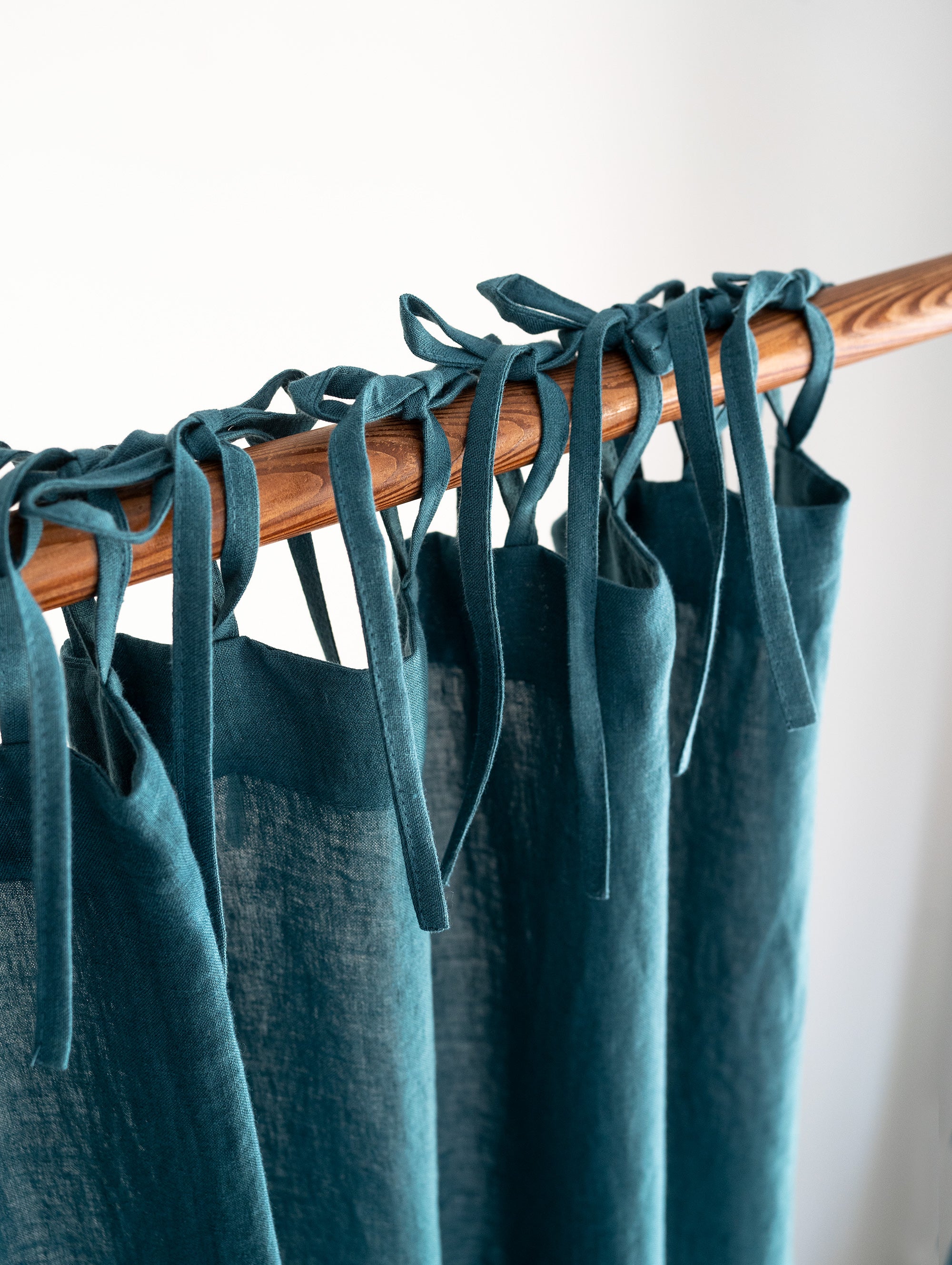 Tie Top Linen Curtains in Emerald Blue