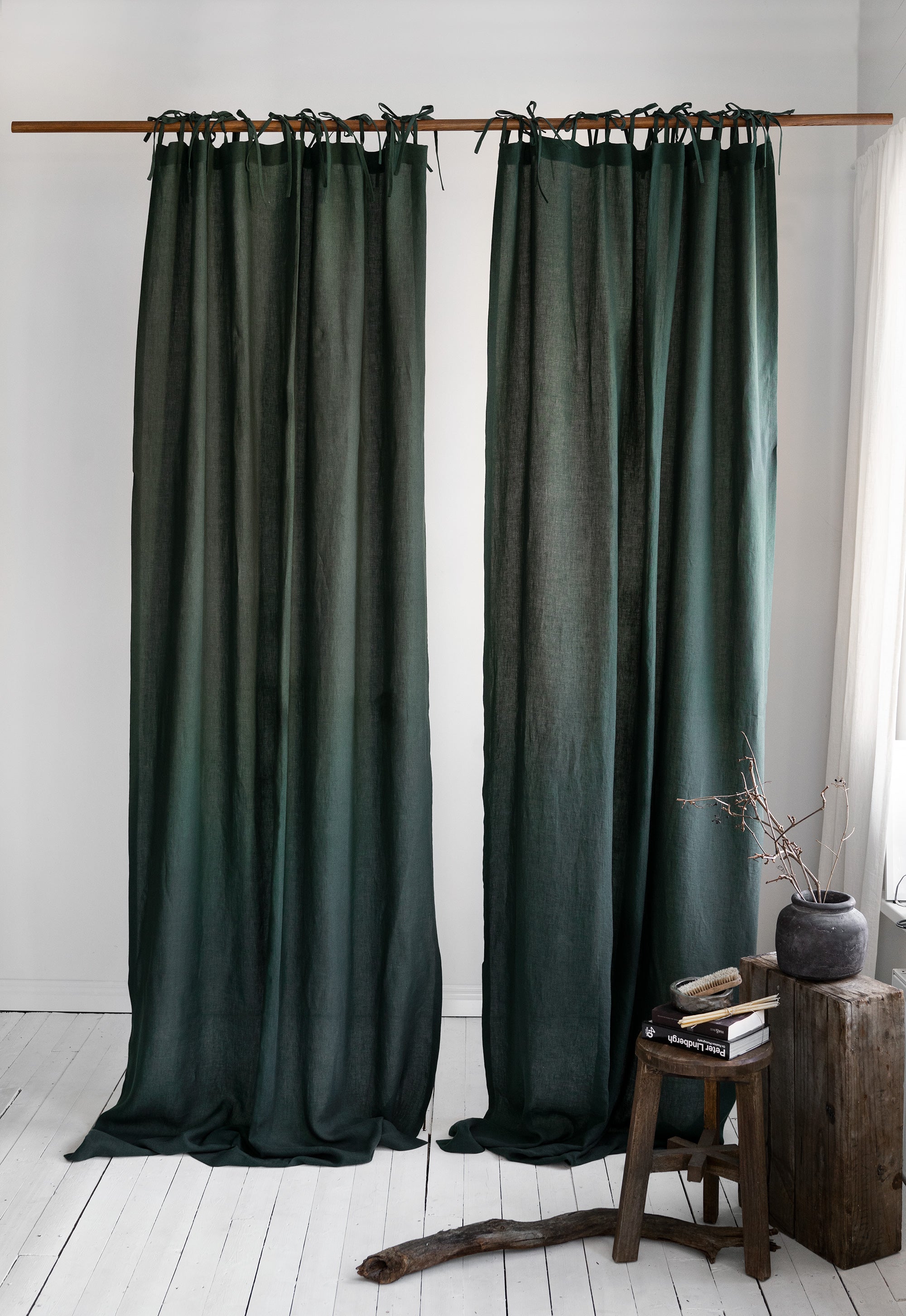 Tie Top Linen Curtains in Jungle Green